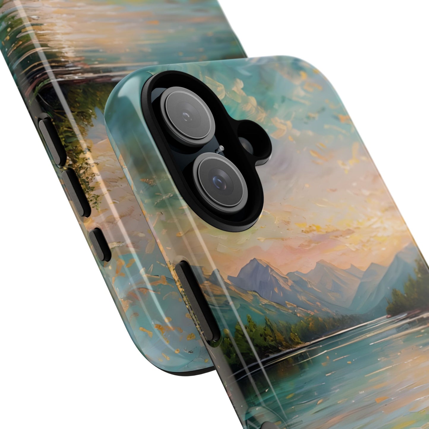 Mountain Lake Scenery Tough Phone Case, Oil Painting Phone Cover, Calm Water Scene Compatible with iPhone 17, 16, 15, 14, 13, Galaxy, Google