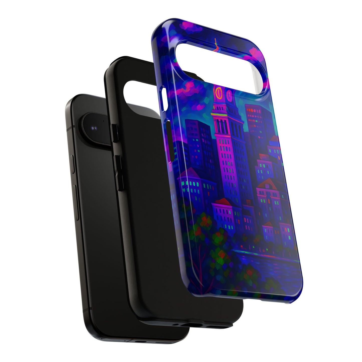 Boston Cityscape Tough Phone Case, Neon Night Skyline, Sunset Tower View Watercolor Urban Art, Compatible with iPhone, Galaxy, Google Phones
