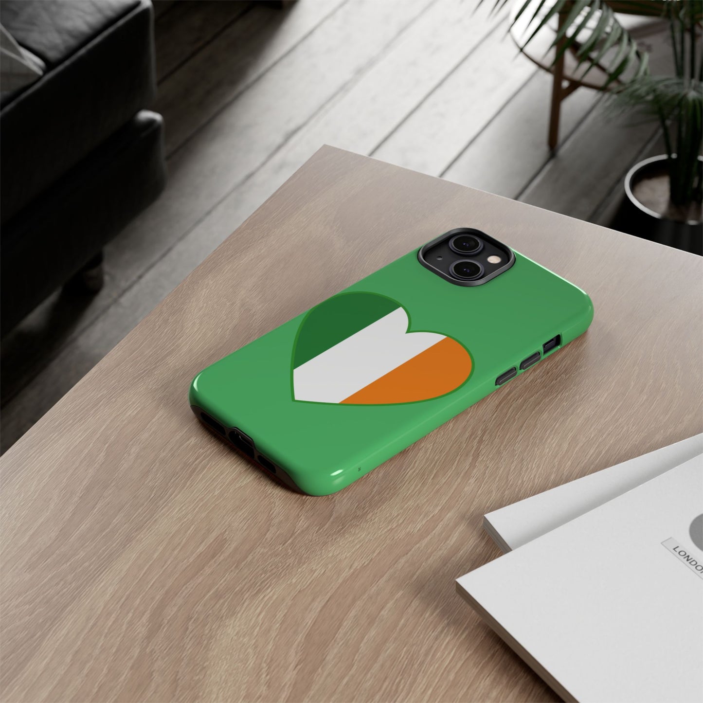 Tough Case Ireland Heart Flag Design Phone Cover Compatible with iPhone 17, 16, 15, 14, 13, Galaxy, Google, Green White Orange Irish Art