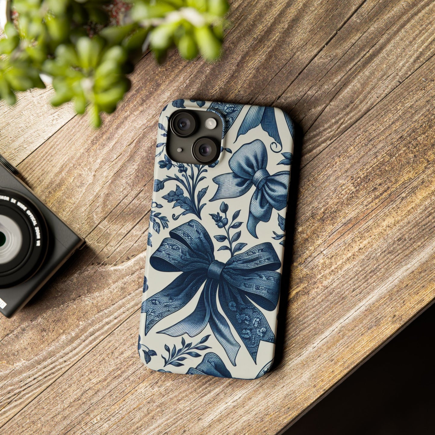 Elegant Floral Bow Slim Phone Case, Blue Flower Phone Cover, Gift for Her, Stylish Tech Accessory, Wedding Gift, Floral Design