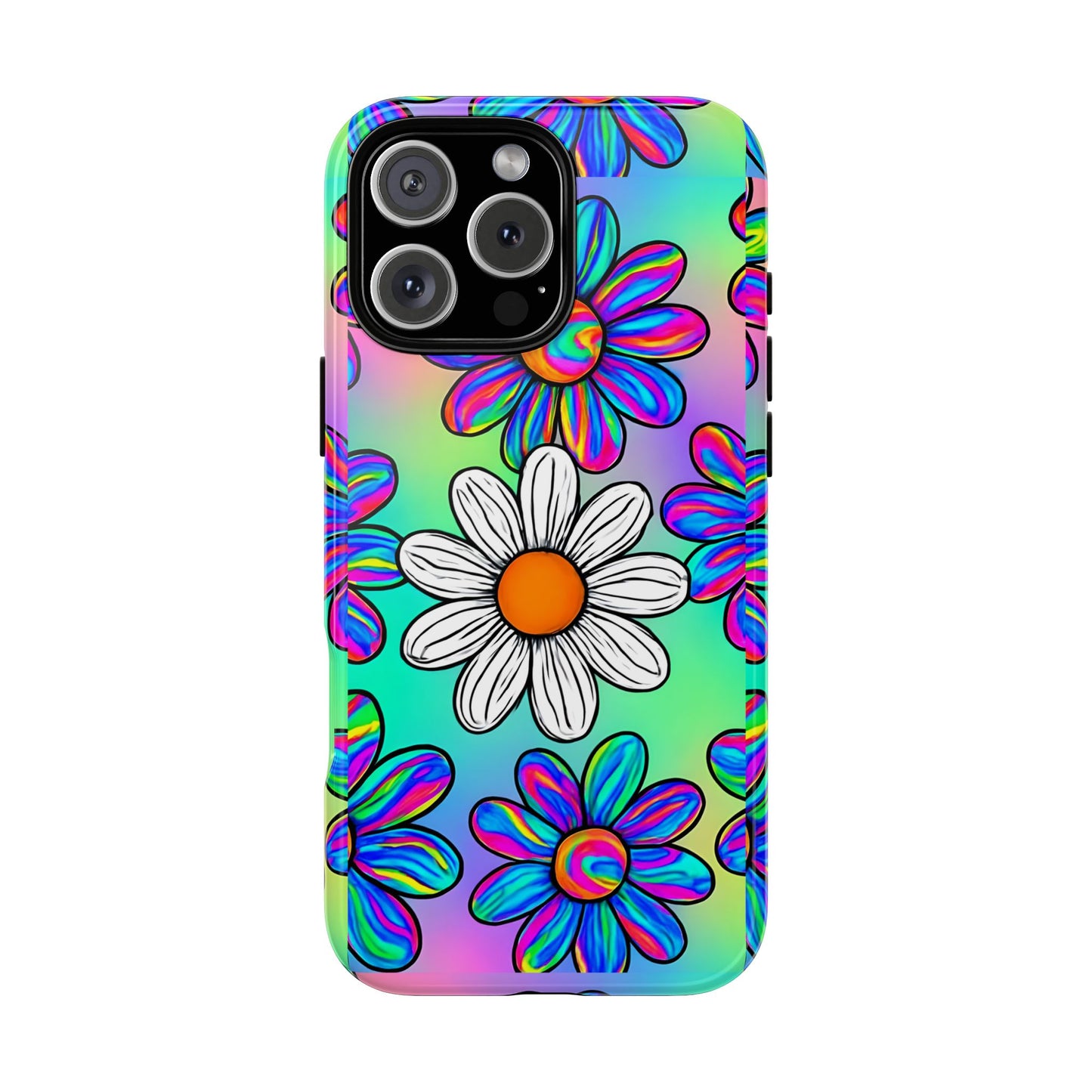 Trippy Daisy Tough Phone Case - Psychedelic Floral Design, Colorful Retro Aesthetic, Compatible with iPhone, Galaxy, and Google Phones
