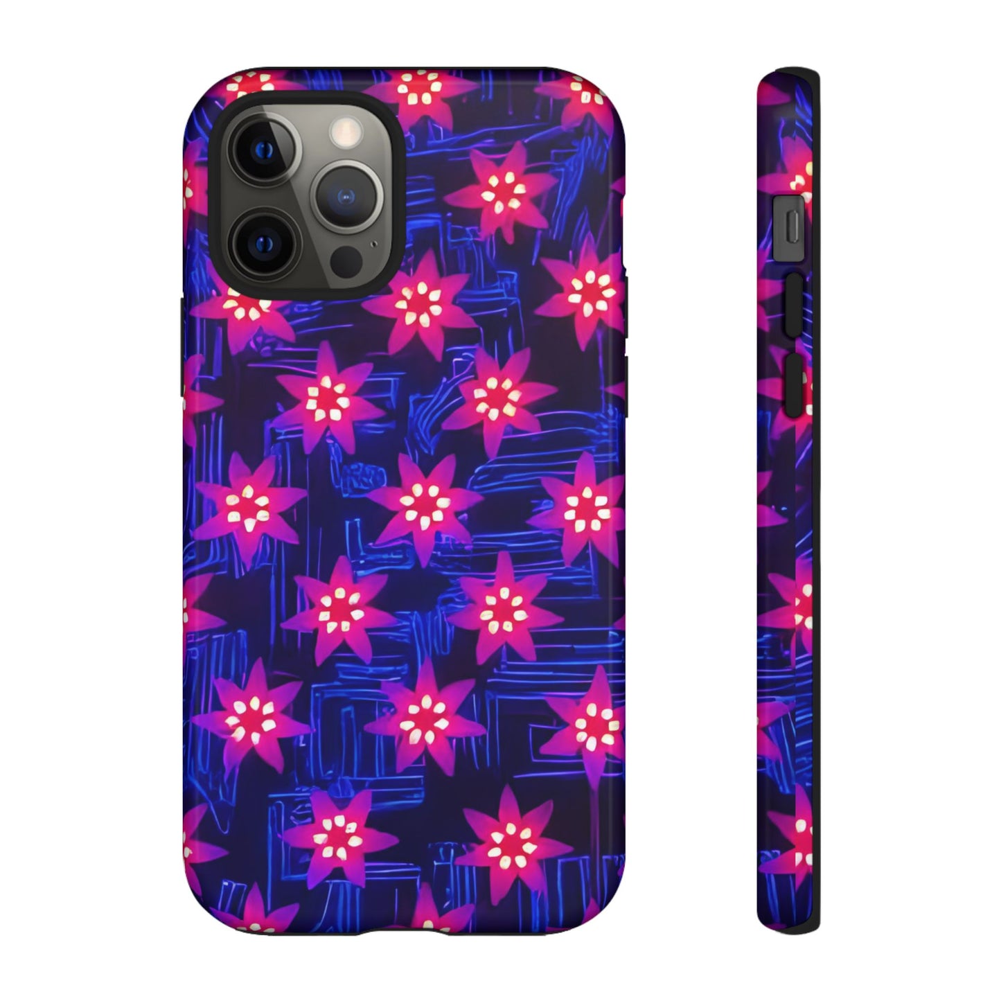 Neon Flower Tough Phone Case - Trippy Dark Floral Art, Electric Glow Aesthetic, Compatible with iPhone, Galaxy, and Google Phones
