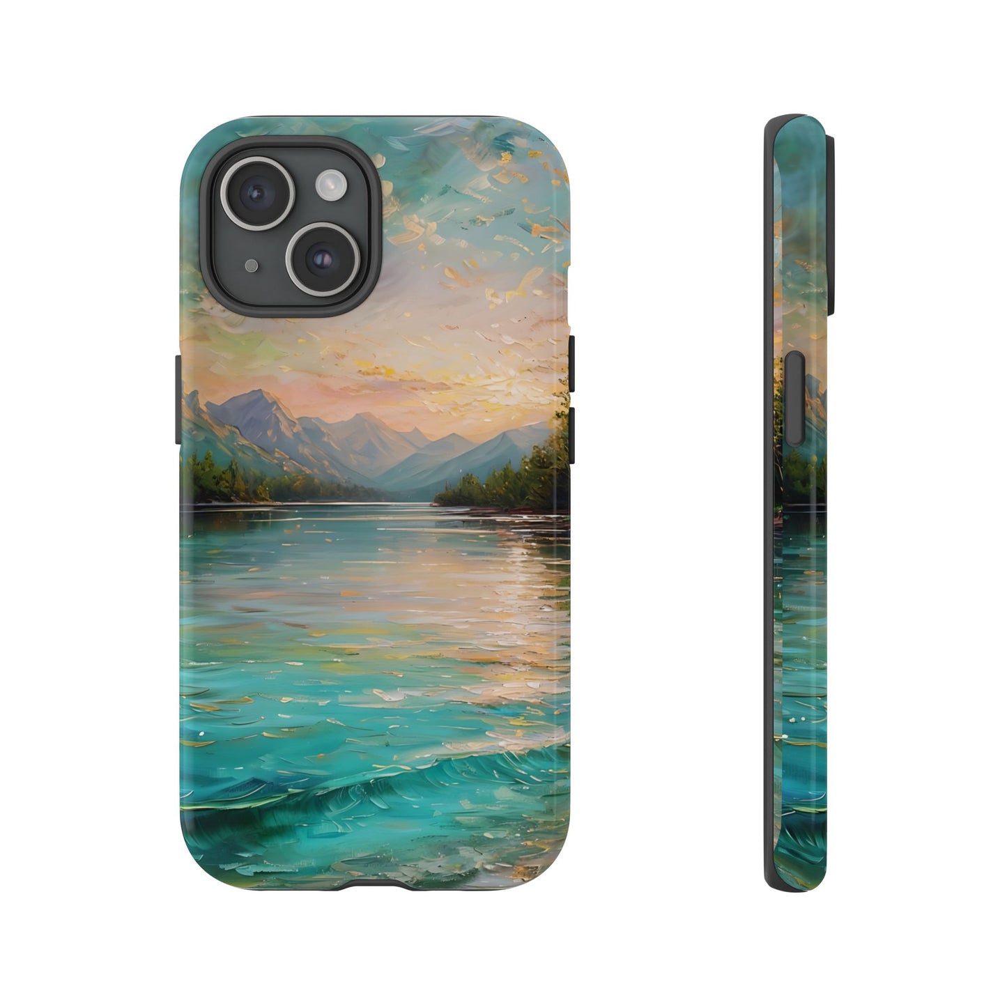 Mountain Lake Scenery Tough Phone Case, Oil Painting Phone Cover, Calm Water Scene Compatible with iPhone 17, 16, 15, 14, 13, Galaxy, Google