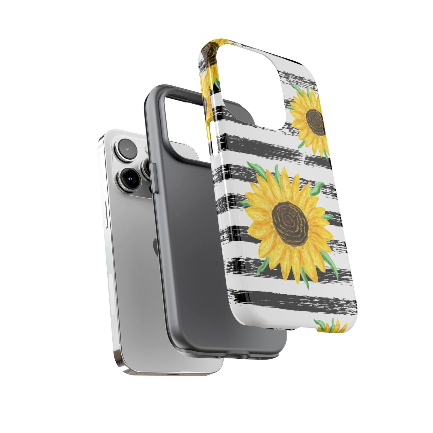 Sunflower Tough Phone Case - Bright Yellow Floral Art, Black and White Striped Aesthetic, Compatible with iPhone, Galaxy, and Google Phones