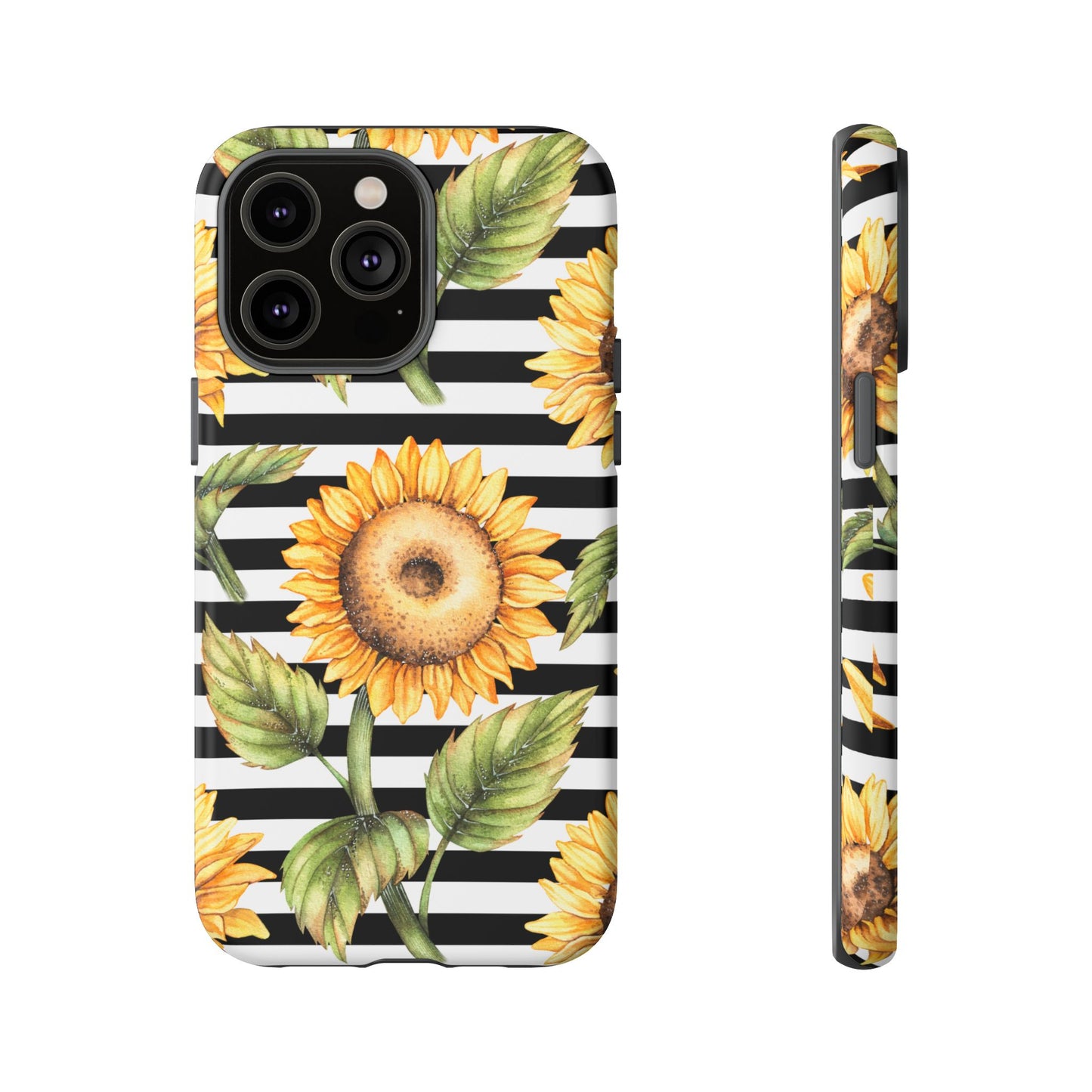 Sunflower Tough Phone Case - Bold Yellow Floral Art, Black and White Striped Aesthetic, Compatible with iPhone, Galaxy, and Google Phones