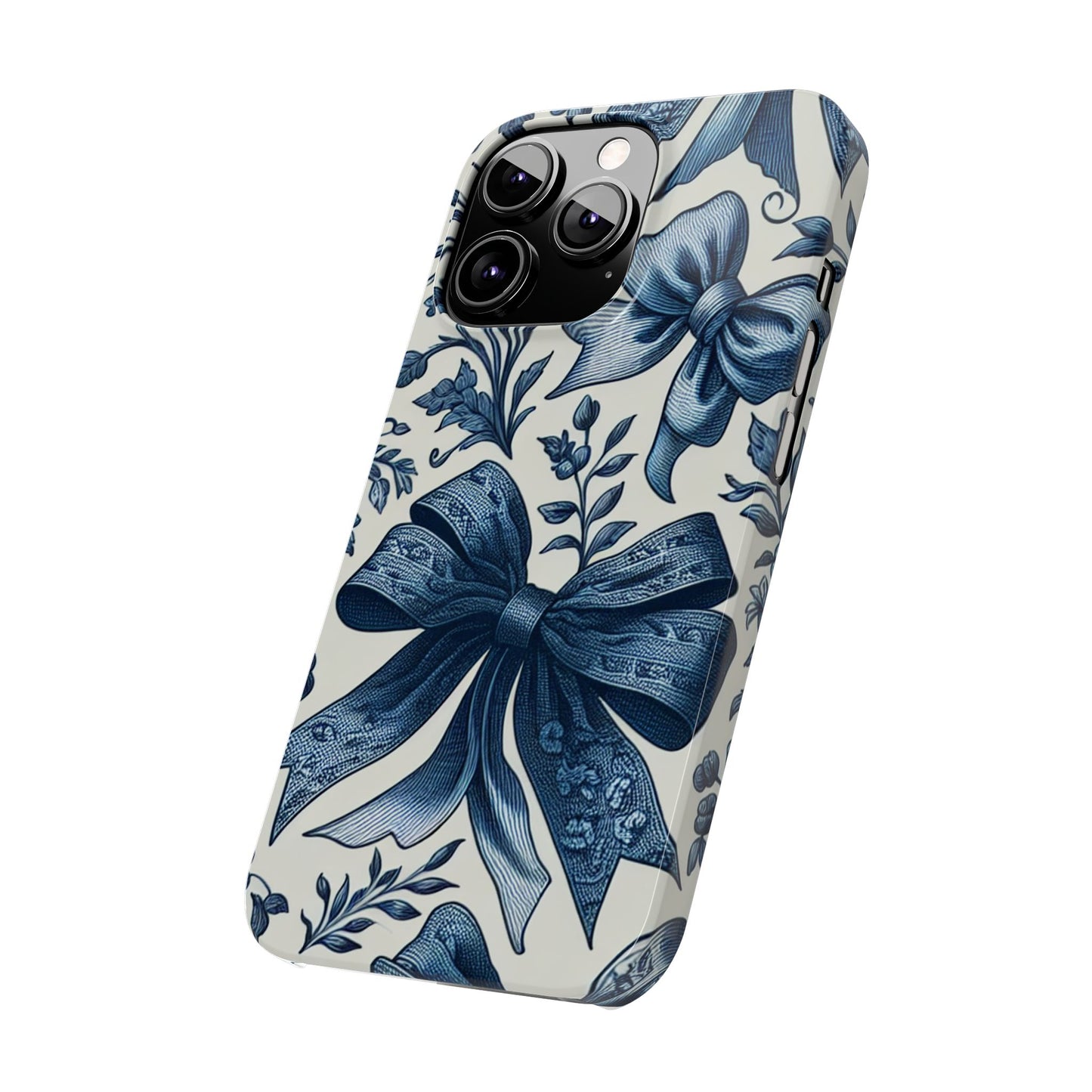 Elegant Floral Bow Slim Phone Case, Blue Flower Phone Cover, Gift for Her, Stylish Tech Accessory, Wedding Gift, Floral Design