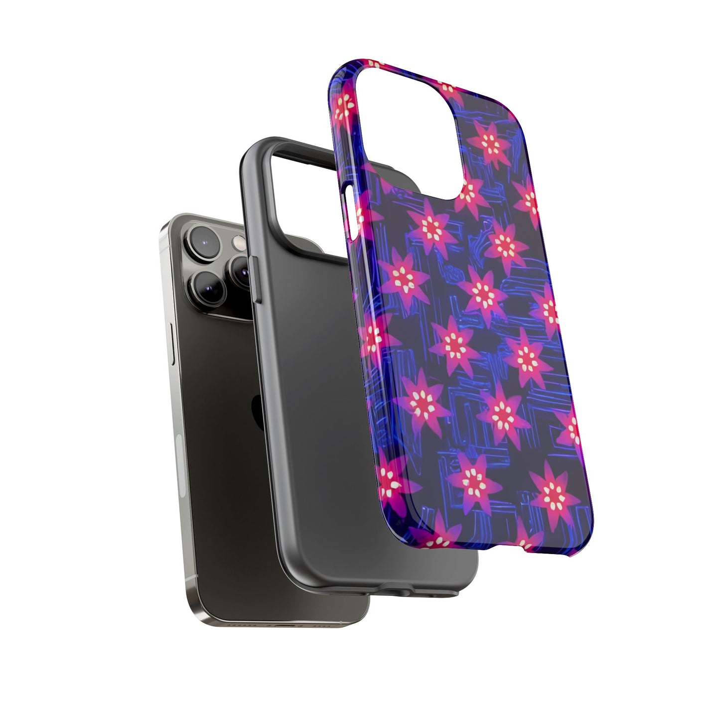 Neon Flower Tough Phone Case - Trippy Dark Floral Art, Electric Glow Aesthetic, Compatible with iPhone, Galaxy, and Google Phones