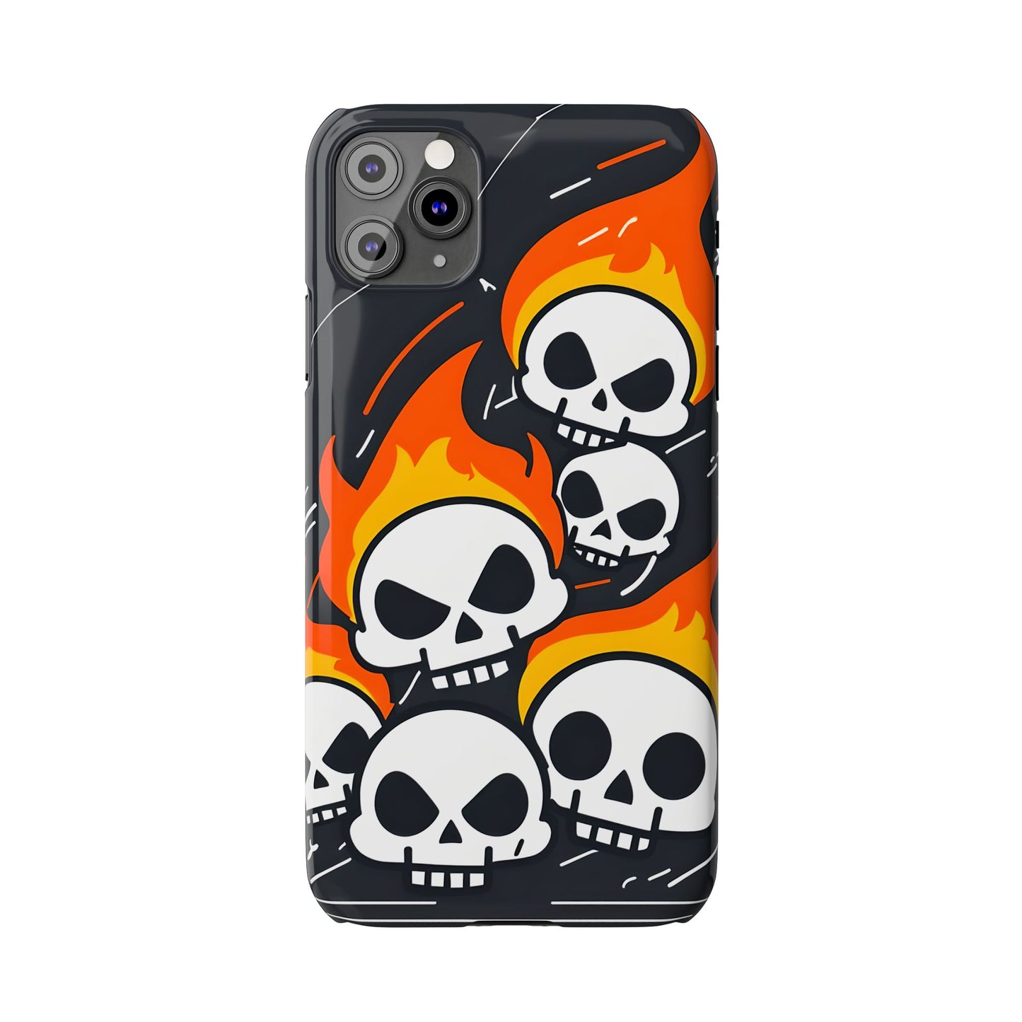 Flaming Skulls Slim Phone Case, Y2K Alt Halloween Aesthetic, Creepy Cute Cartoon Style, Stylish Music Lovers, Perfect Gift for Halloween