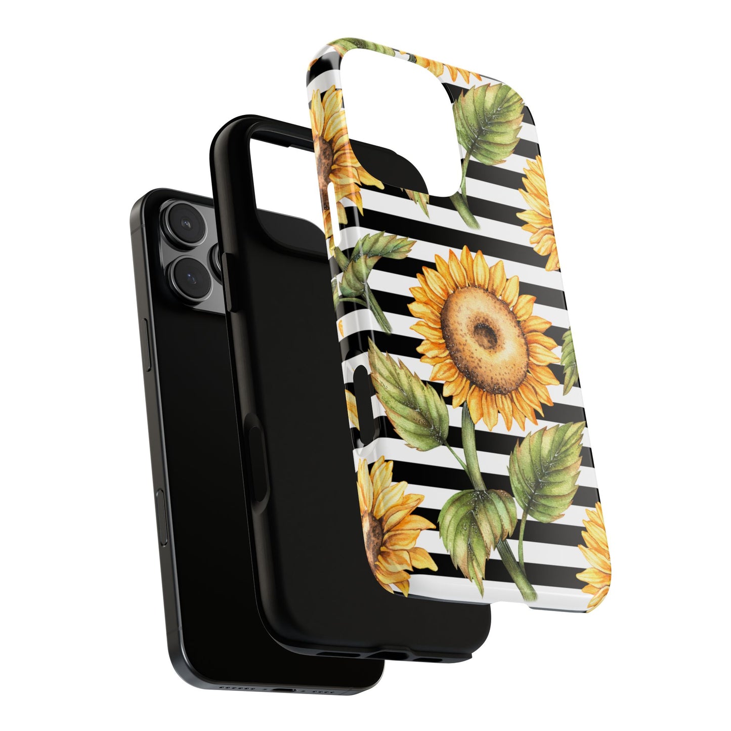 Sunflower Tough Phone Case - Bold Yellow Floral Art, Black and White Striped Aesthetic, Compatible with iPhone, Galaxy, and Google Phones