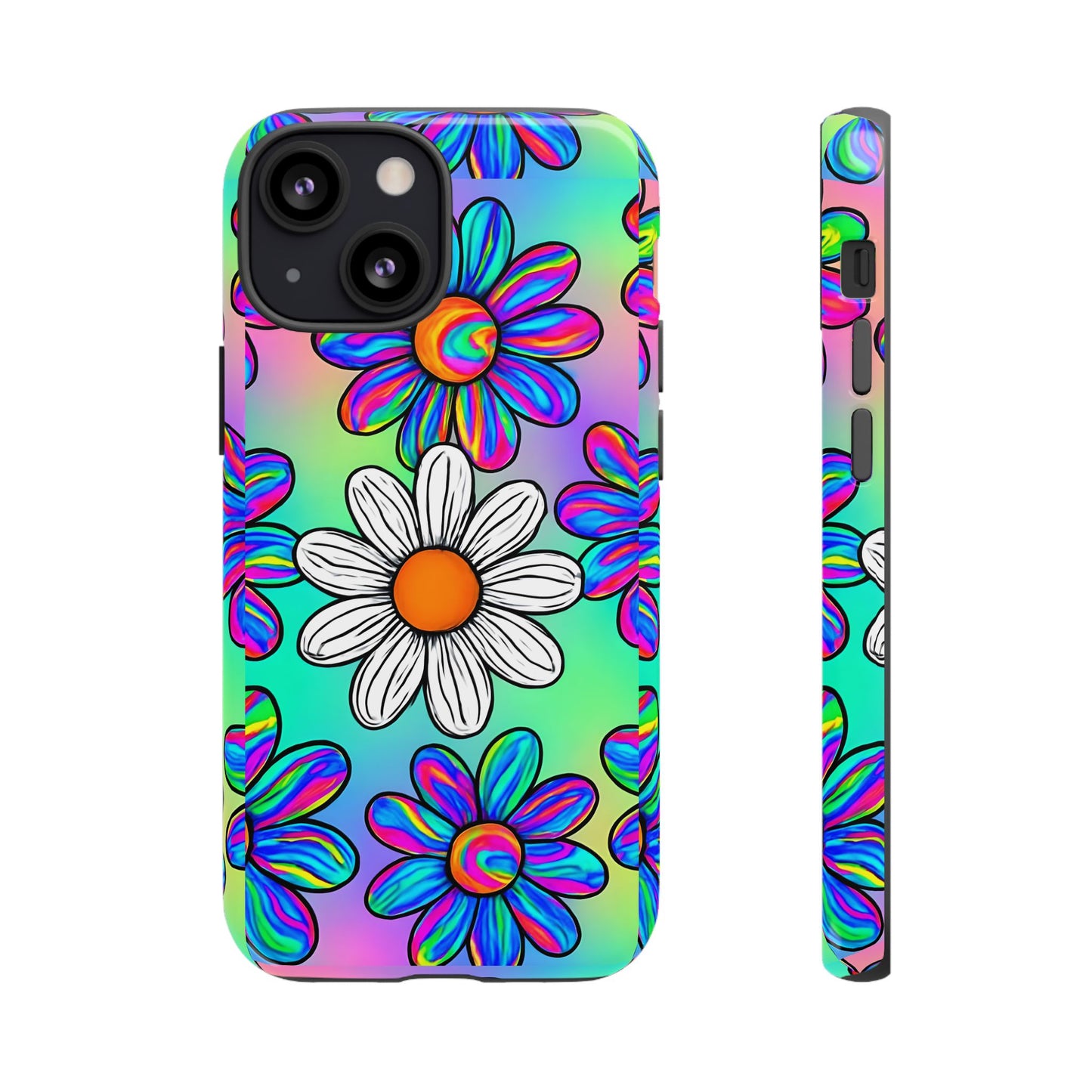 Trippy Daisy Tough Phone Case - Psychedelic Floral Design, Colorful Retro Aesthetic, Compatible with iPhone, Galaxy, and Google Phones