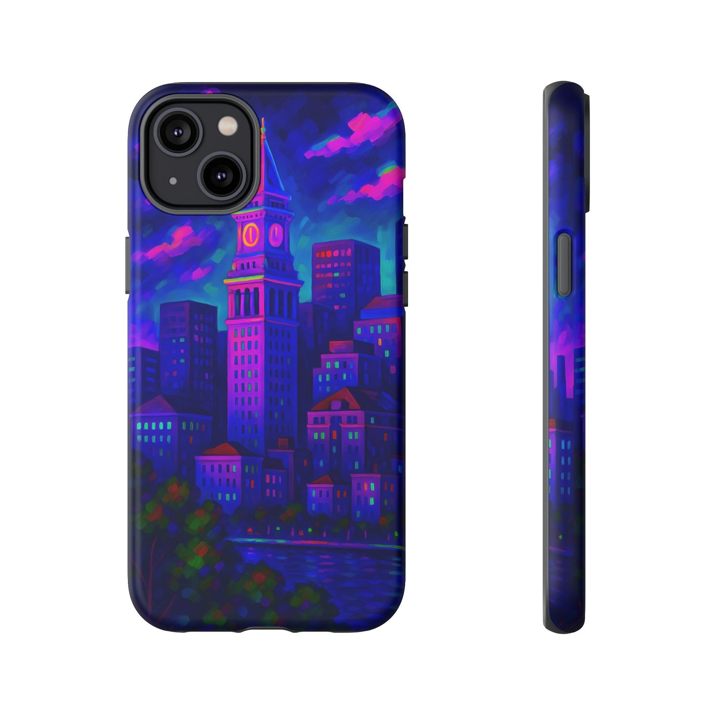 Boston Cityscape Tough Phone Case, Neon Night Skyline, Sunset Tower View Watercolor Urban Art, Compatible with iPhone, Galaxy, Google Phones