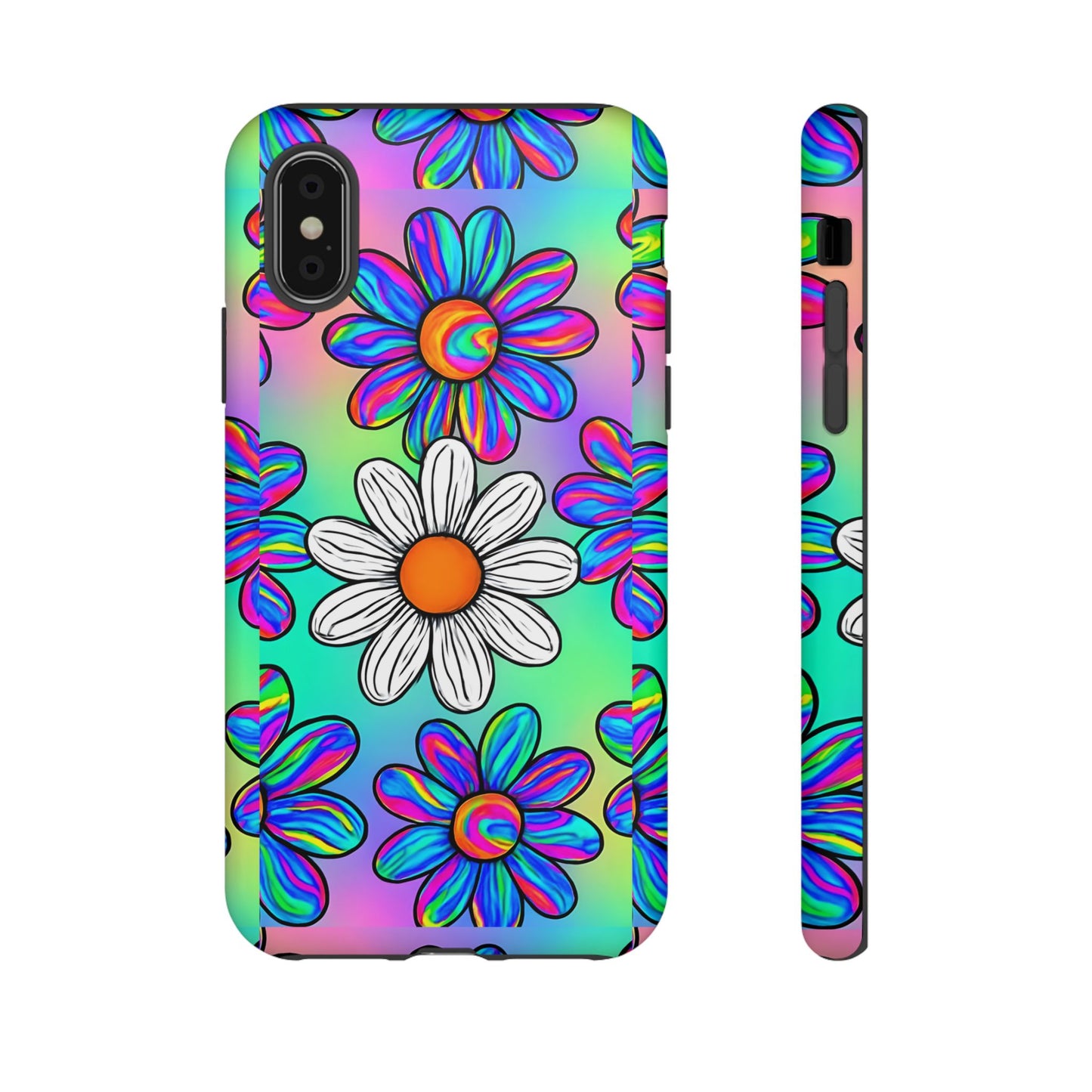 Trippy Daisy Tough Phone Case - Psychedelic Floral Design, Colorful Retro Aesthetic, Compatible with iPhone, Galaxy, and Google Phones