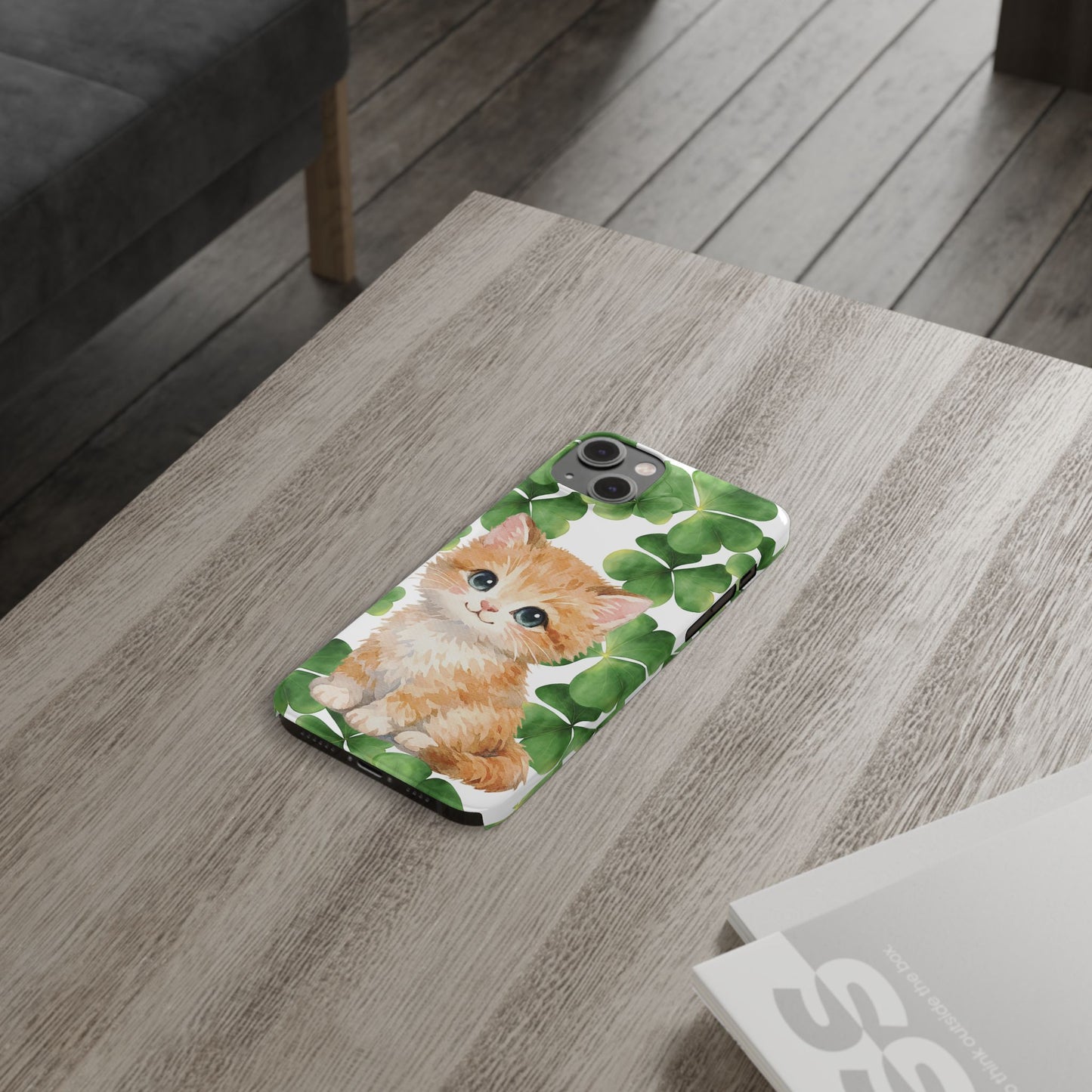 Ginger Kitten Slim Phone Case, St Patricks Day Cat Art with Shamrocks, Irish Cat Gift Compatible with iPhone 17, 16, 15, 14, 13, 12, 11