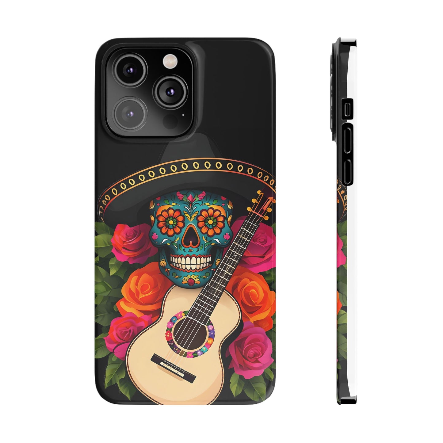 Mariachi Skull Slim Phone Case, Colorful Folk Aesthetic, Halloween Floral Skull Design, Gift for Mexican Culture Lovers