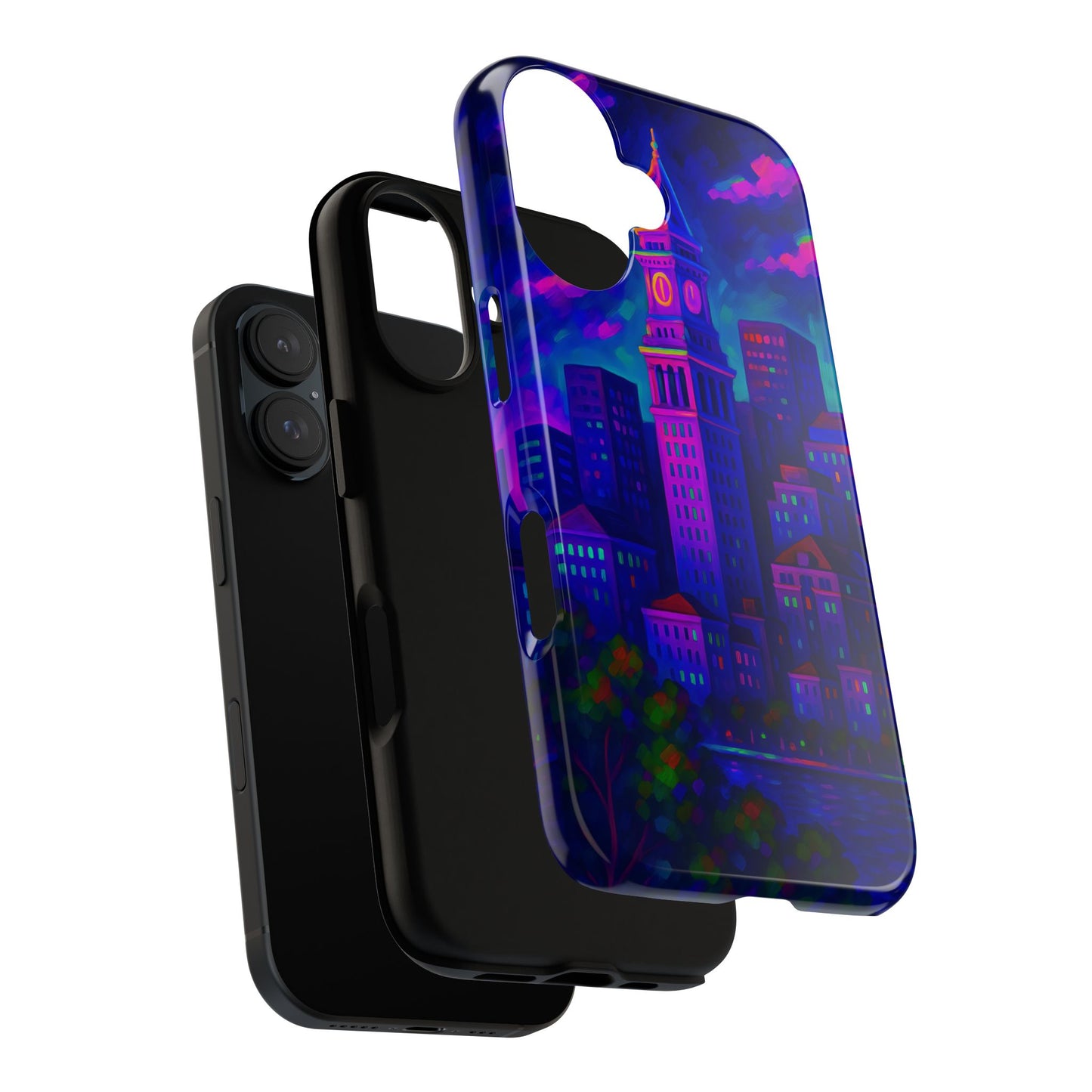 Boston Cityscape Tough Phone Case, Neon Night Skyline, Sunset Tower View Watercolor Urban Art, Compatible with iPhone, Galaxy, Google Phones