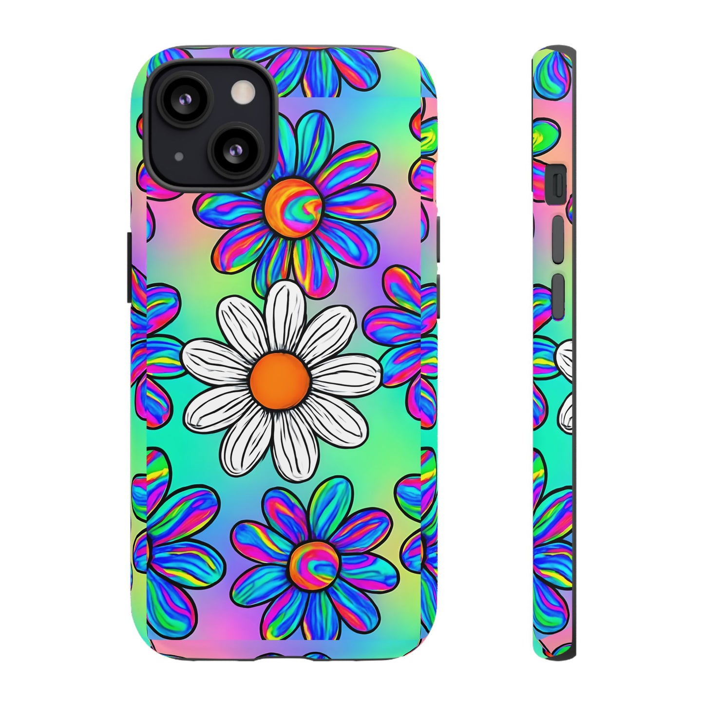 Trippy Daisy Tough Phone Case - Psychedelic Floral Design, Colorful Retro Aesthetic, Compatible with iPhone, Galaxy, and Google Phones