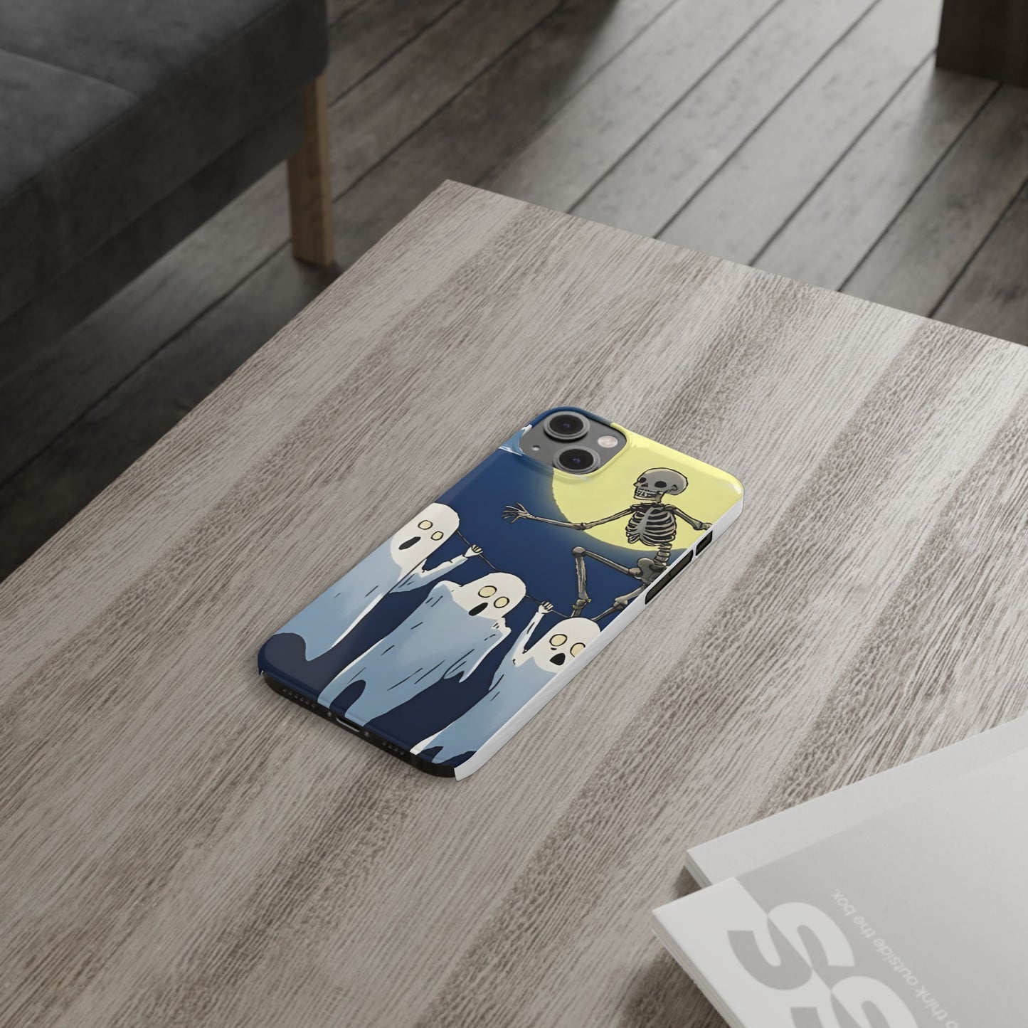 Jumping Skeleton Slim Phone Case - Halloween Aesthetic, Creepy Cute Ghost Cartoon Style, Compatible with iPhone, Galaxy, and Google Phones