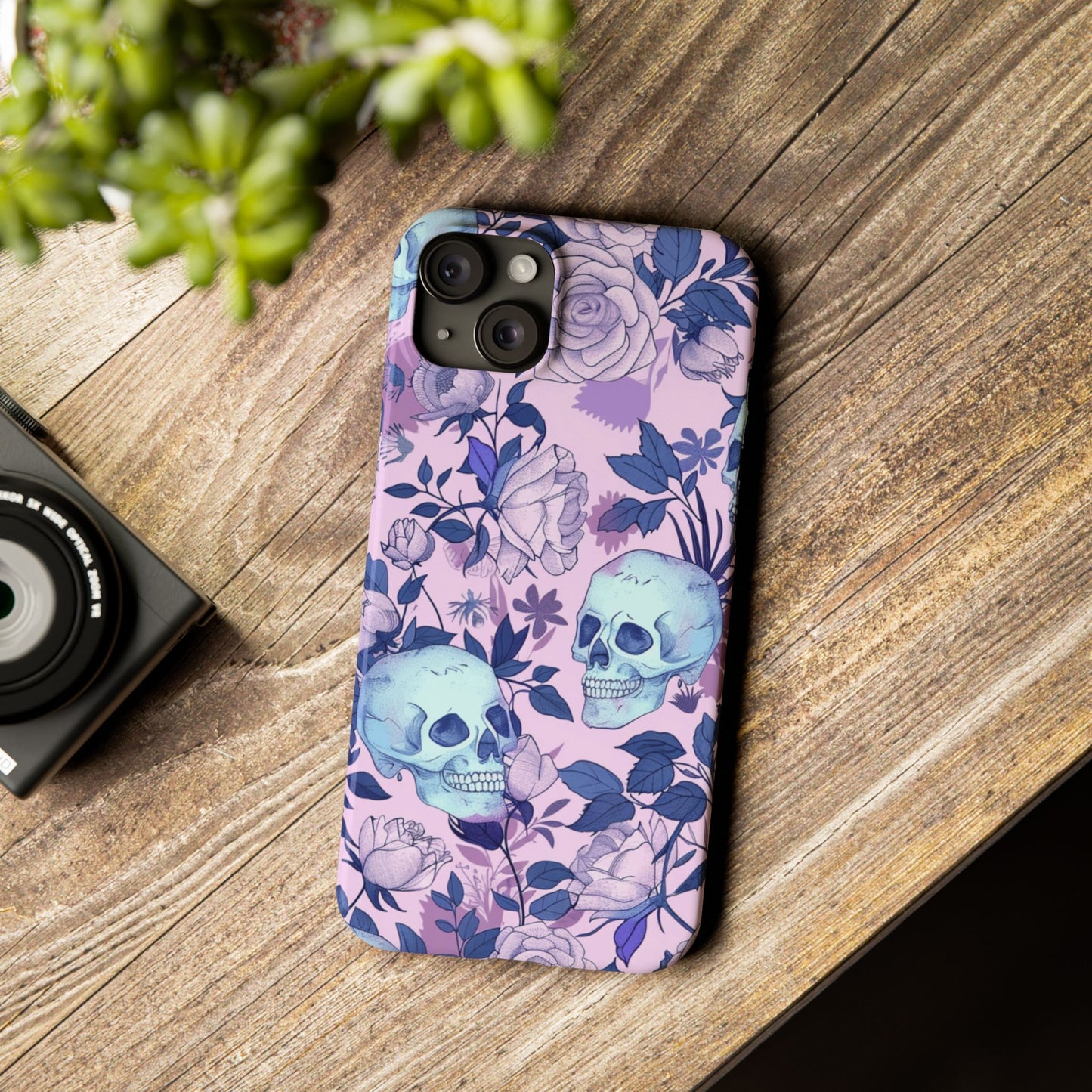 Floral Skull Slim Phone Case - Aesthetic, Trendy, Gift for Goth Lovers, Unique Phone Accessories, Floral Print, Halloween Decor