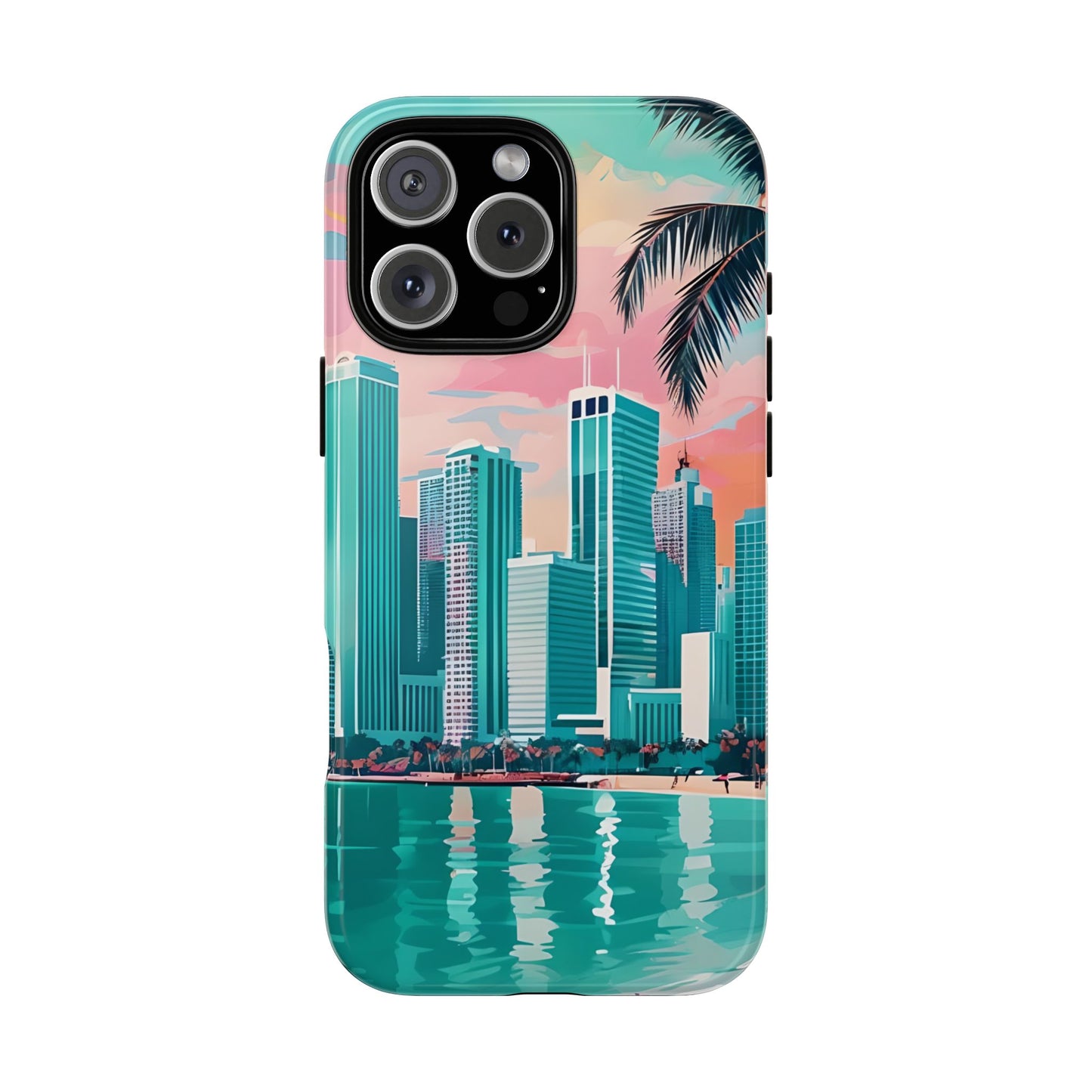 Miami Cityscape Phone Case - Tropical Skyline Tough Case, Sunset Beach Urban Art, Gift for Travelers Compatible with iPhone, Galaxy, Google