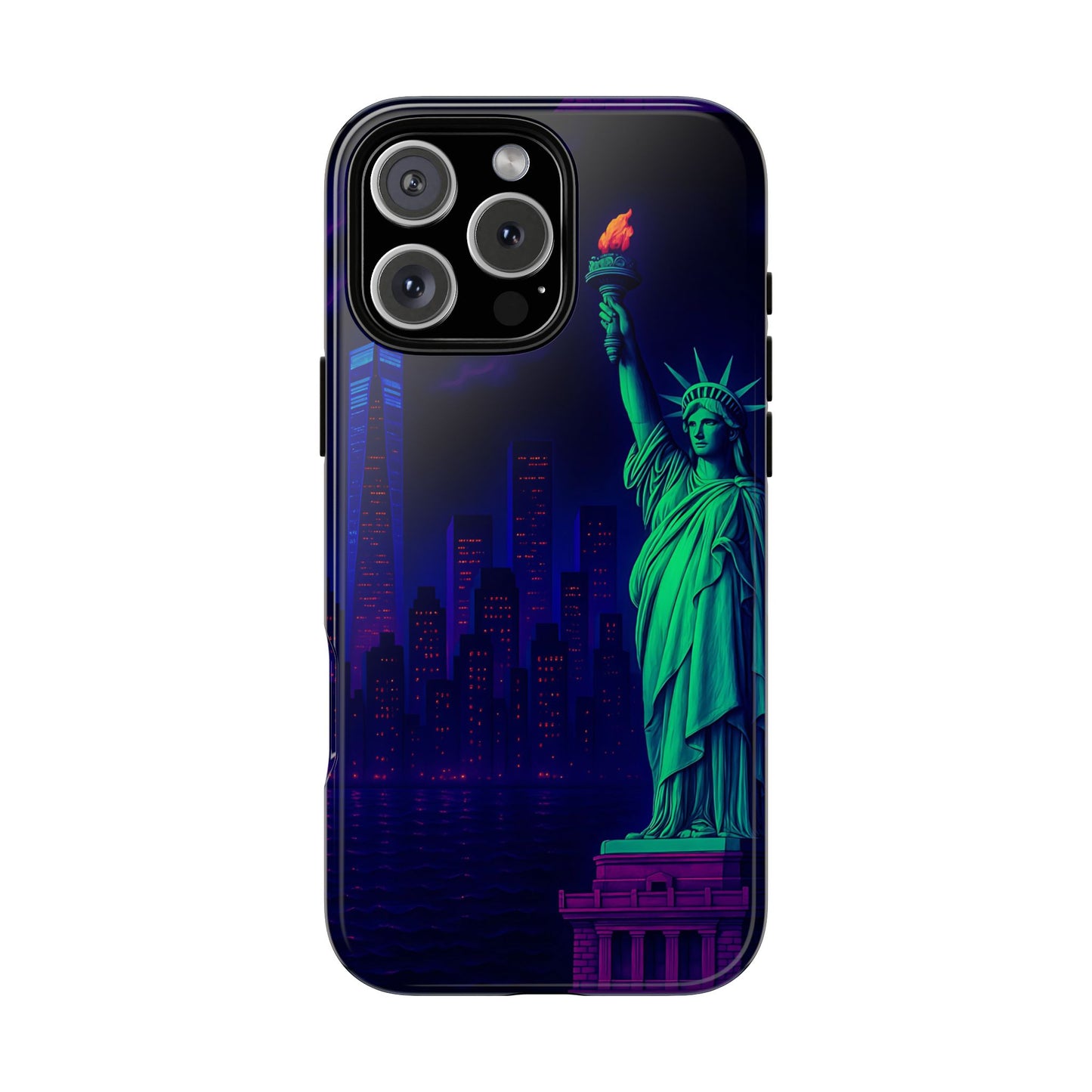Cityscape Tough Phone Case, New York City Skyline Phone Cover, Neon Night Design Compatible with iPhone, Galaxy & Google