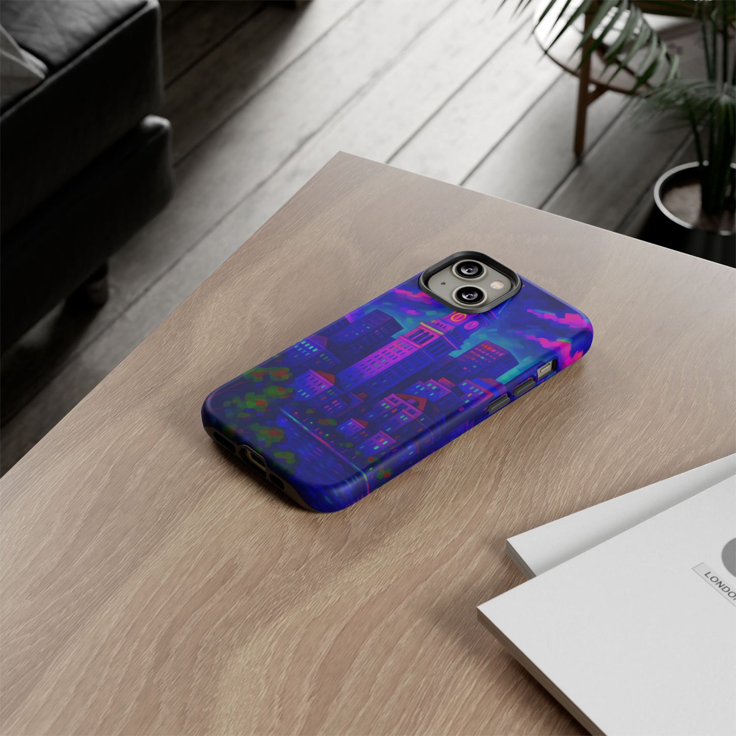 Boston Cityscape Tough Phone Case, Neon Night Skyline, Sunset Tower View Watercolor Urban Art, Compatible with iPhone, Galaxy, Google Phones