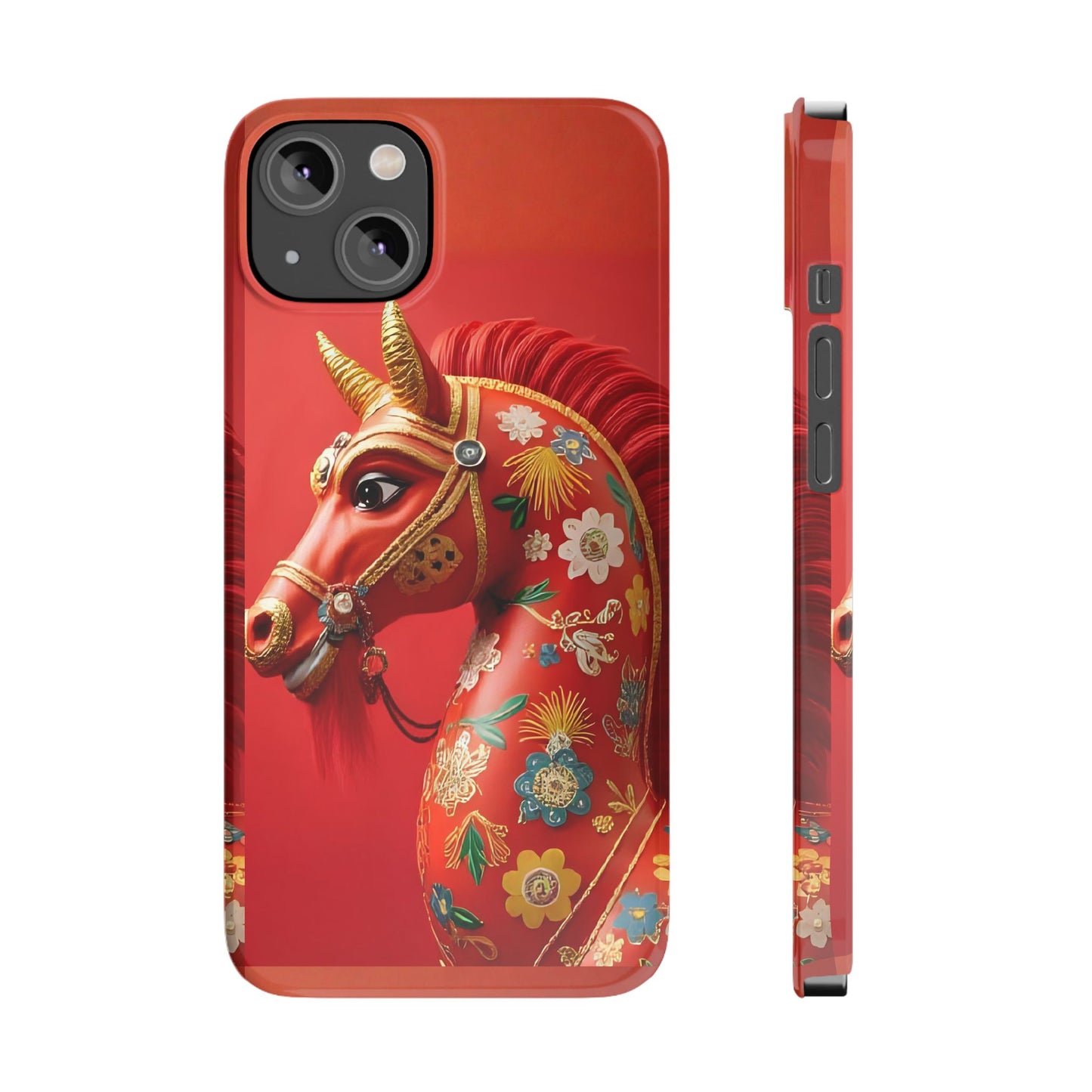 Year of the Horse Floral Art Slim Phone Case, Chinese Zodiac 2026 Design, compatible with iPhone 17 16 15 14 13 12 11