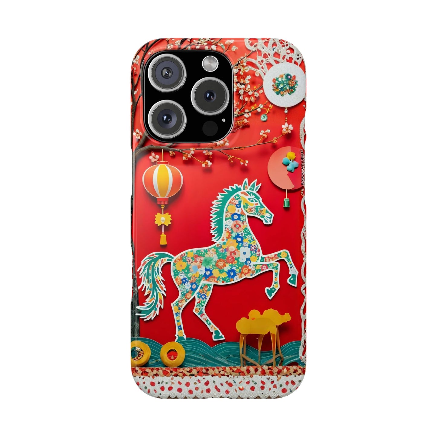 Year of the Horse Slim Phone Case, Flower Art Chinese Zodiac 2026 Design, compatible with iPhone 17 16 15 14 13 12 11