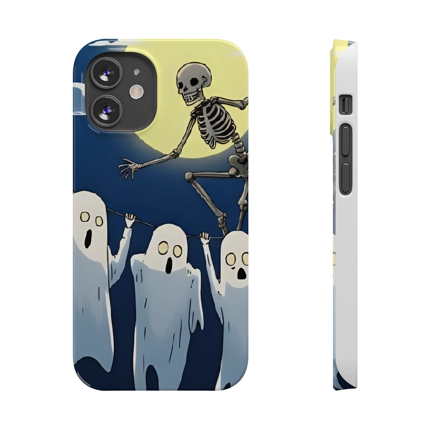 Jumping Skeleton Slim Phone Case - Halloween Aesthetic, Creepy Cute Ghost Cartoon Style, Compatible with iPhone, Galaxy, and Google Phones