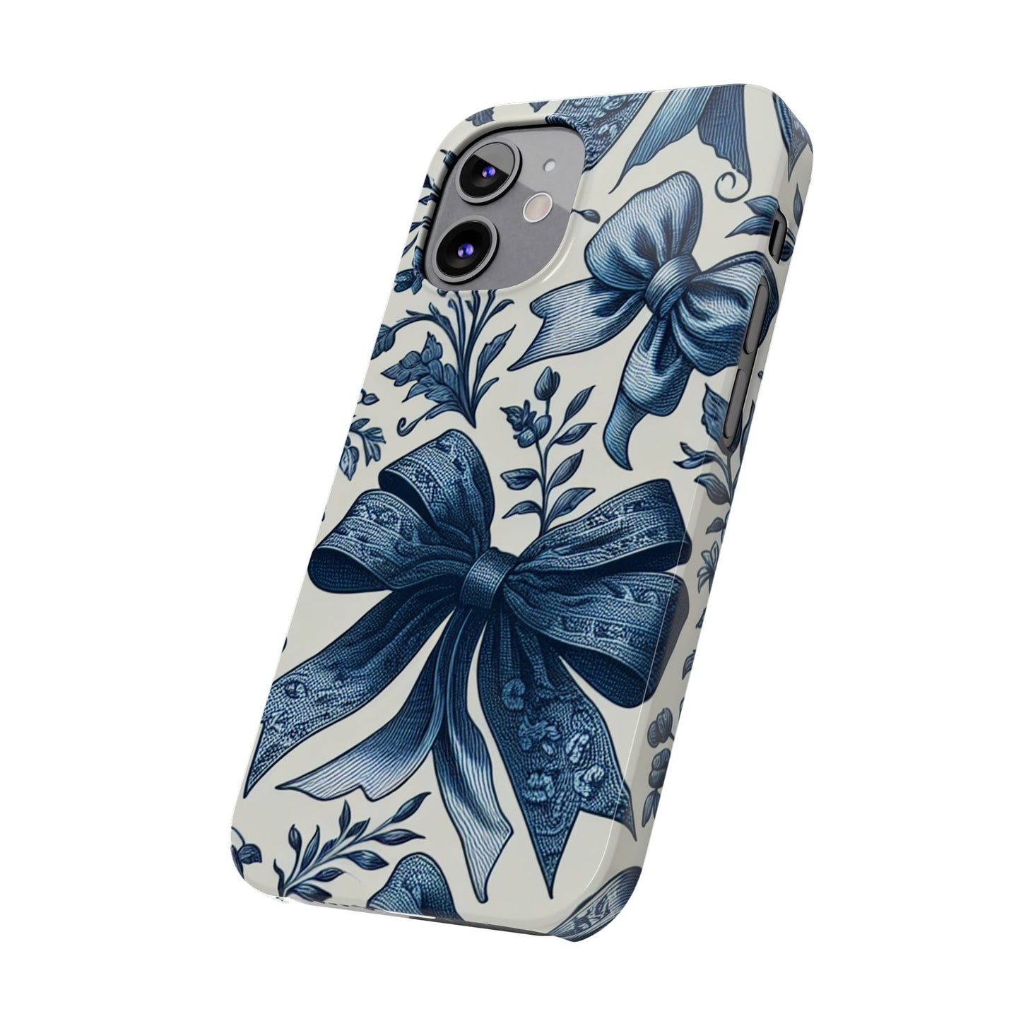 Elegant Floral Bow Slim Phone Case, Blue Flower Phone Cover, Gift for Her, Stylish Tech Accessory, Wedding Gift, Floral Design