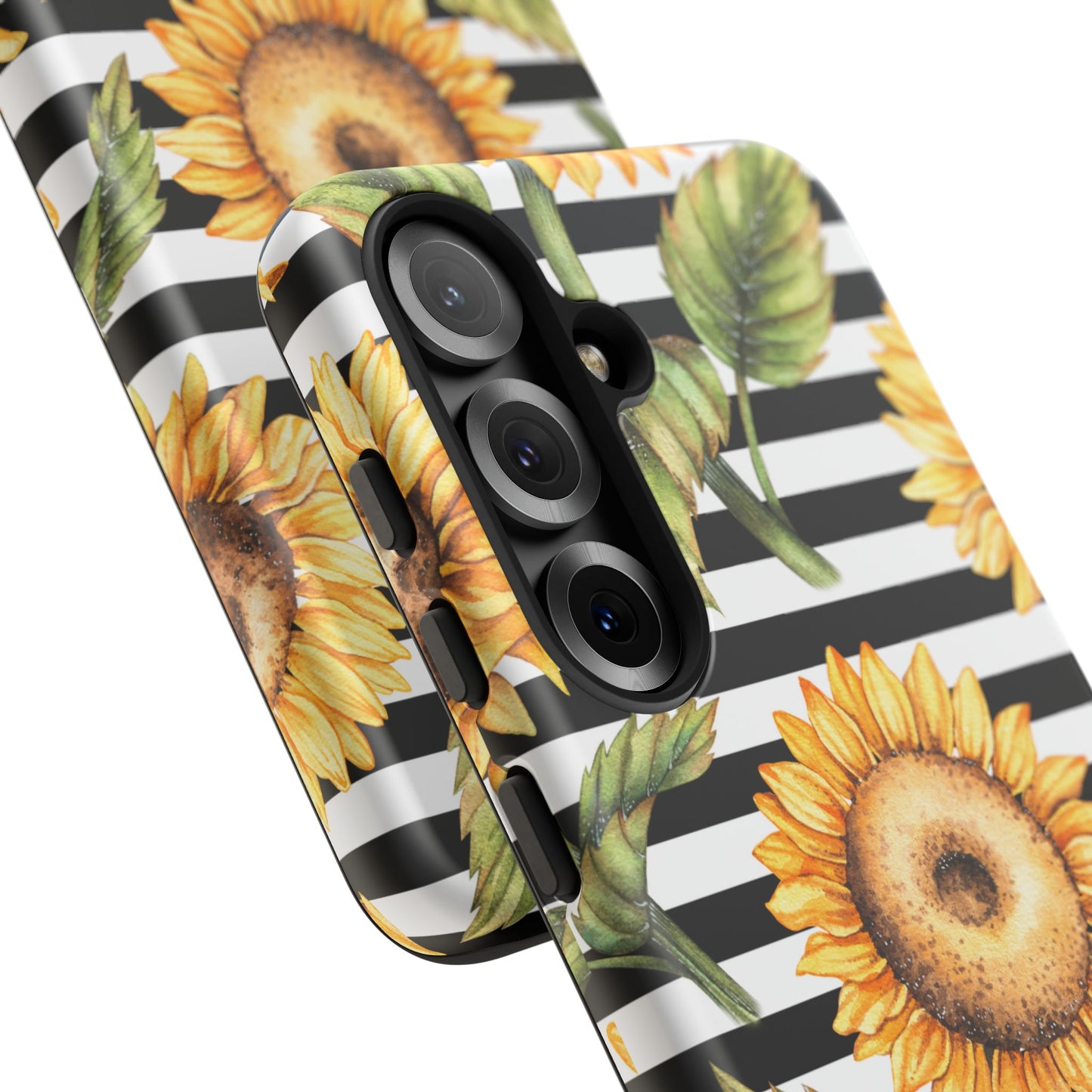 Sunflower Tough Phone Case - Bold Yellow Floral Art, Black and White Striped Aesthetic, Compatible with iPhone, Galaxy, and Google Phones