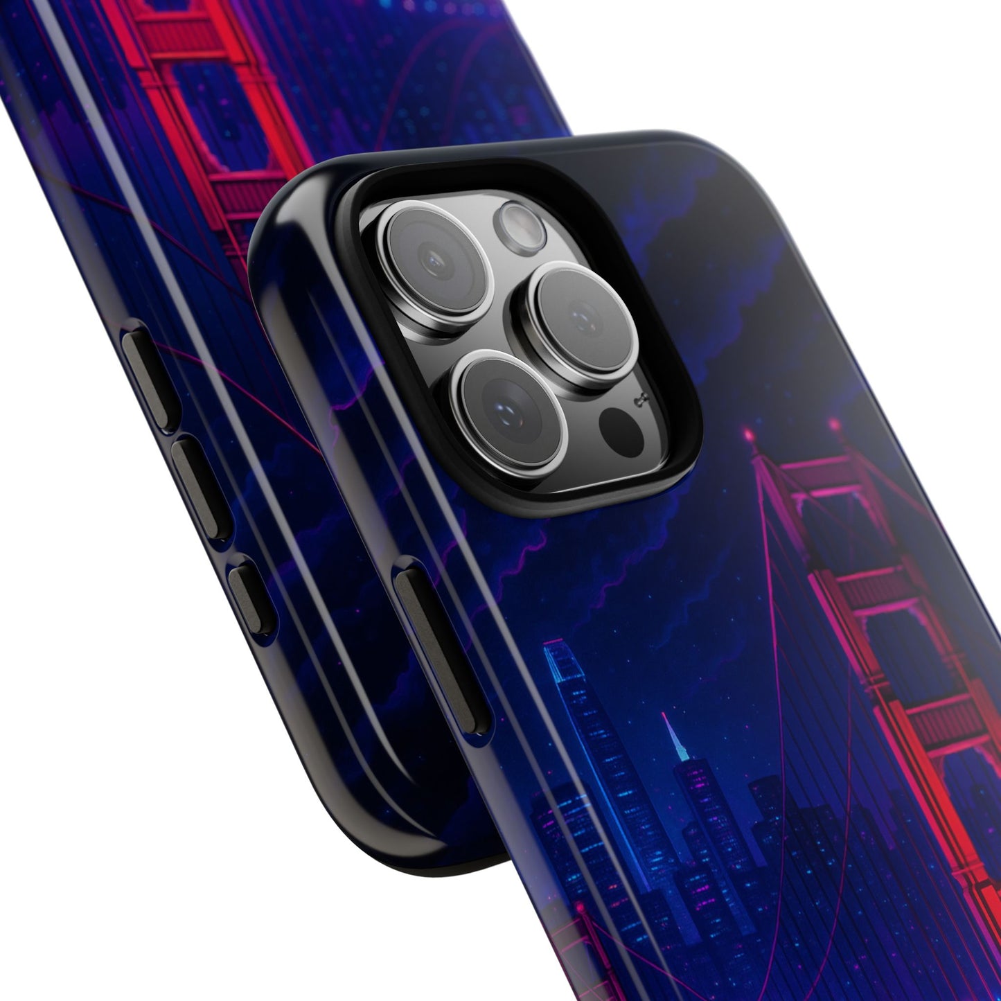 Cityscape Tough Phone Case, San Francisco Skyline Phone Cover, Neon Night Design Compatible with iPhone, Galaxy & Google