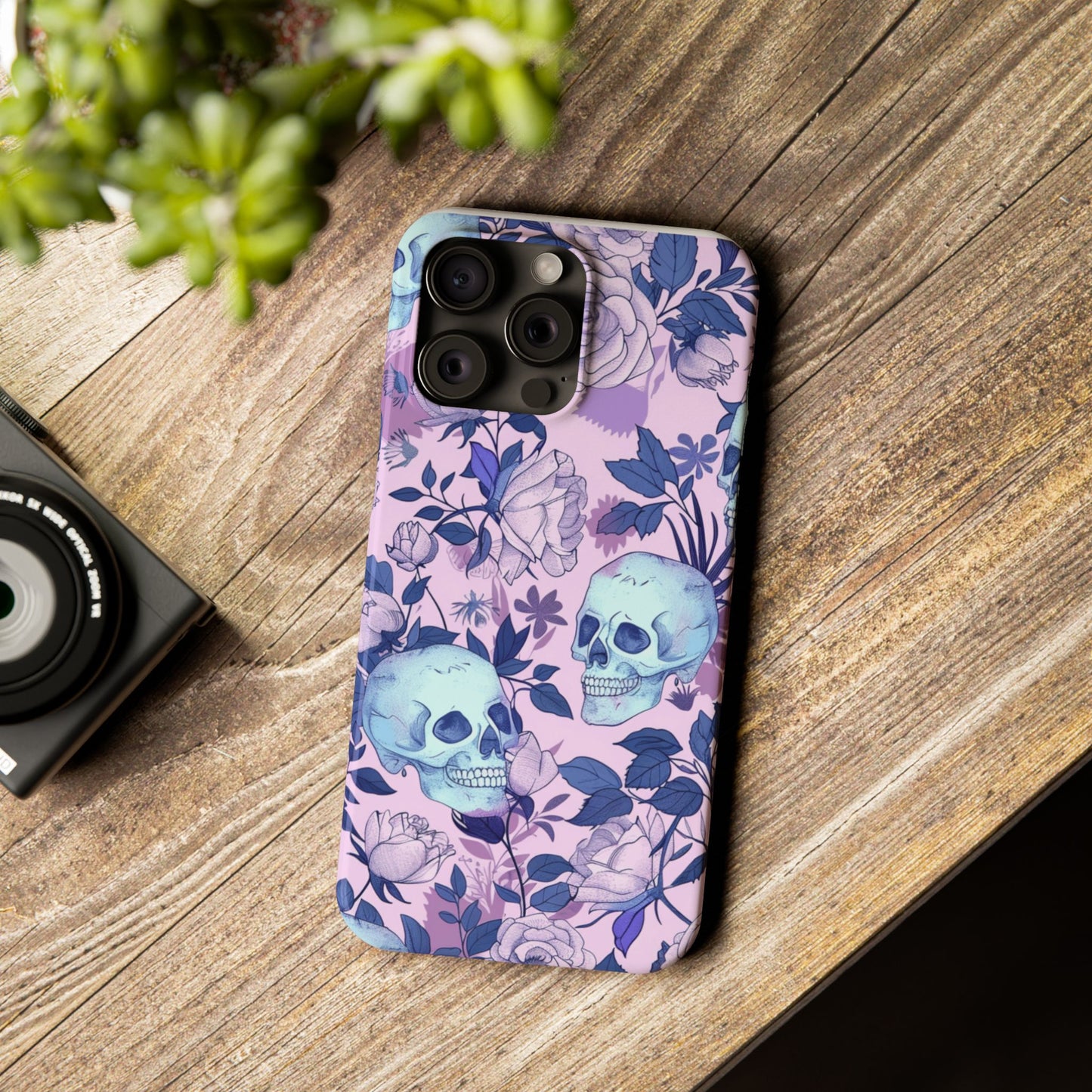Floral Skull Slim Phone Case - Aesthetic, Trendy, Gift for Goth Lovers, Unique Phone Accessories, Floral Print, Halloween Decor
