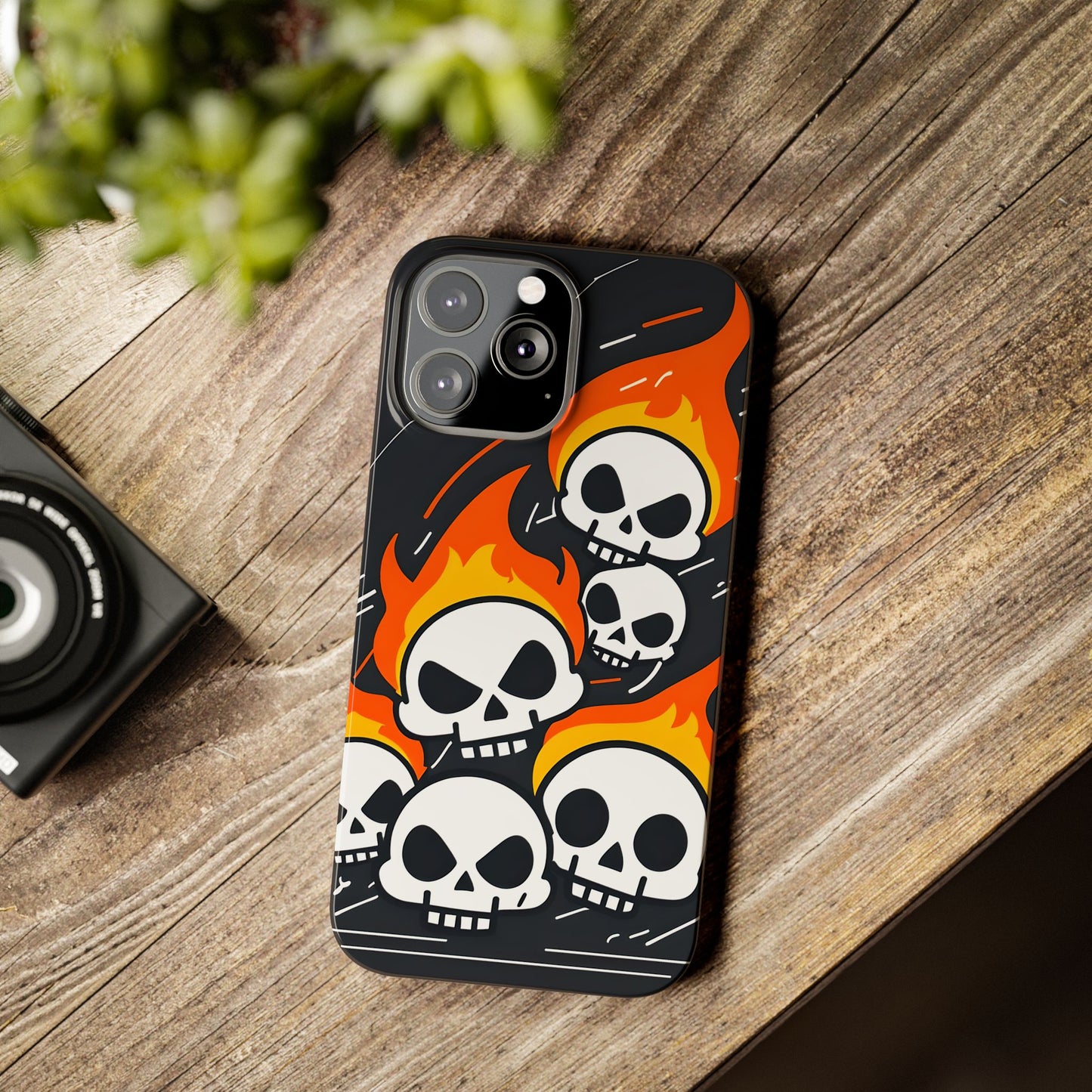 Flaming Skulls Slim Phone Case, Y2K Alt Halloween Aesthetic, Creepy Cute Cartoon Style, Stylish Music Lovers, Perfect Gift for Halloween