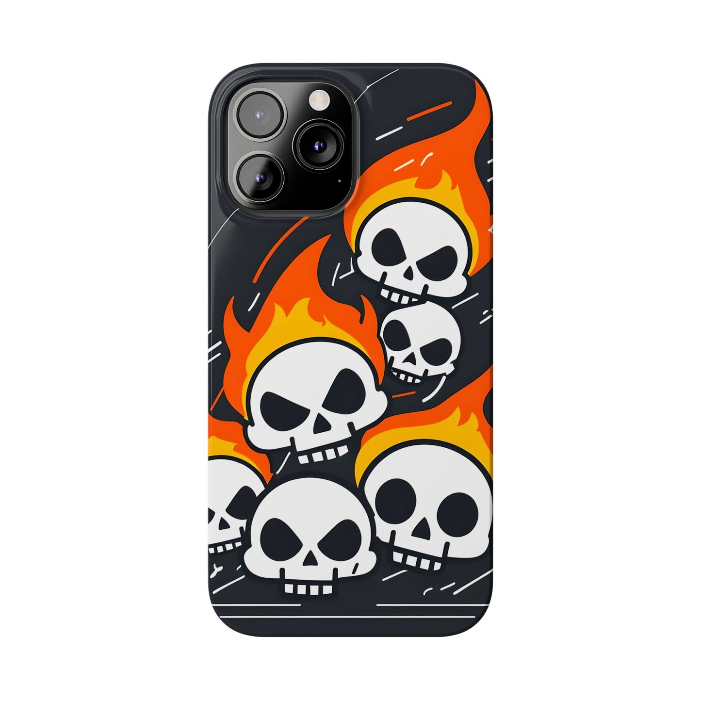 Flaming Skulls Slim Phone Case, Y2K Alt Halloween Aesthetic, Creepy Cute Cartoon Style, Stylish Music Lovers, Perfect Gift for Halloween