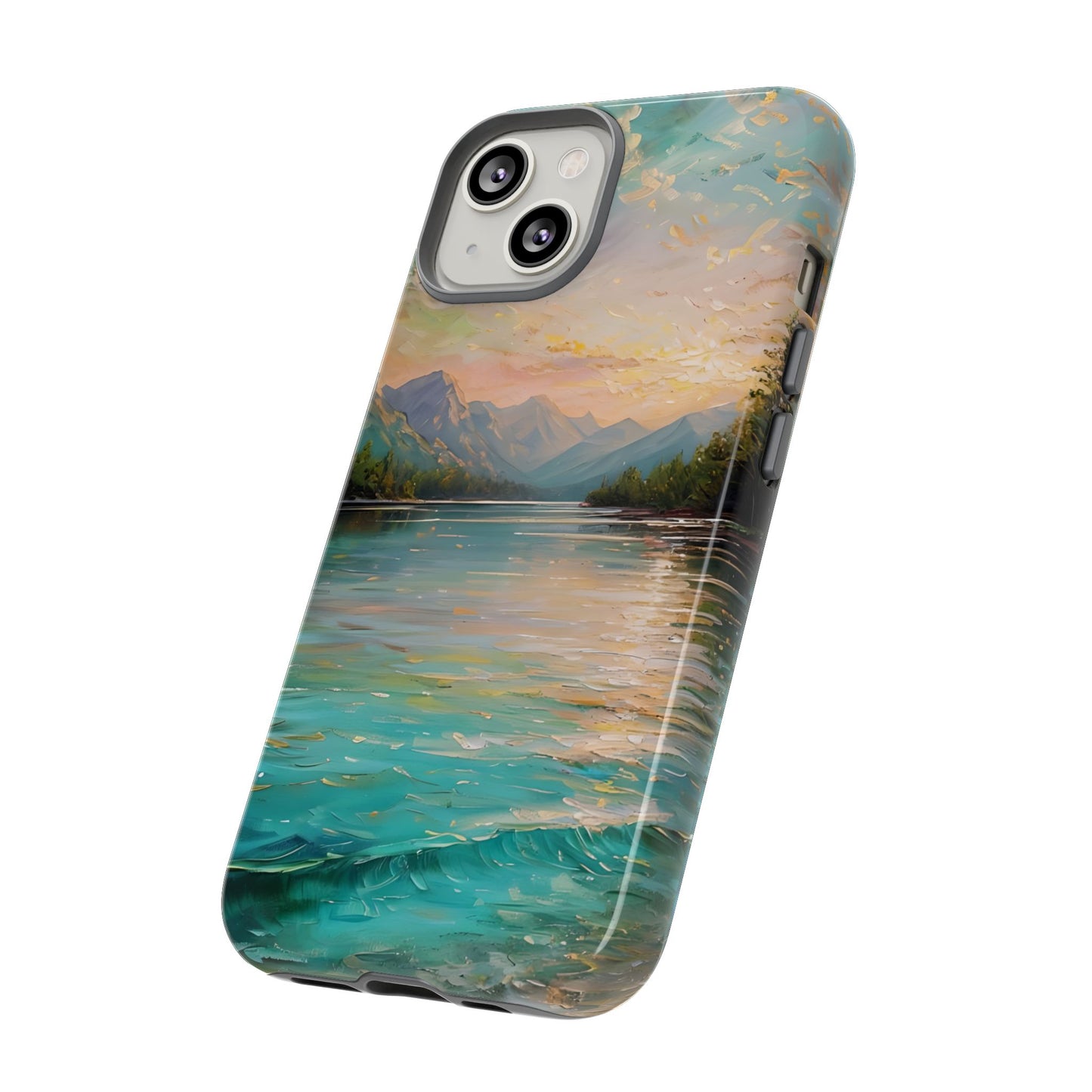 Mountain Lake Scenery Tough Phone Case, Oil Painting Phone Cover, Calm Water Scene Compatible with iPhone 17, 16, 15, 14, 13, Galaxy, Google