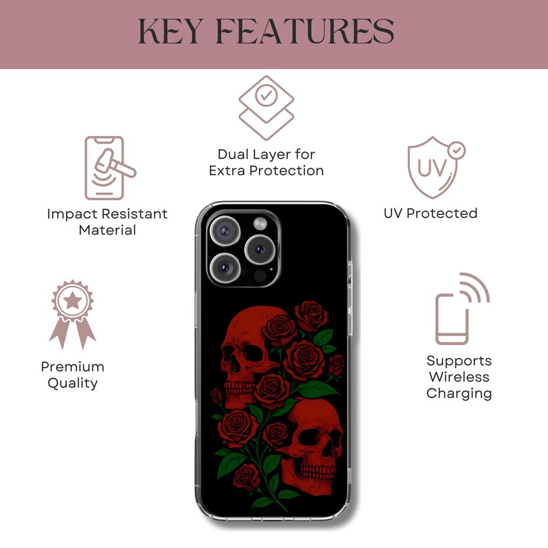 Skull and Roses Tough Phone Case - Gothic Floral Aesthetic, Dark Halloween Vibes, Compatible with iPhone, Galaxy, and Google Phones