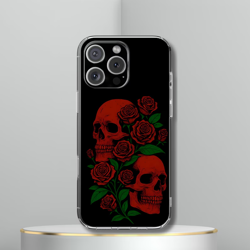 Skull and Roses Tough Phone Case - Gothic Floral Aesthetic, Dark Halloween Vibes, Compatible with iPhone, Galaxy, and Google Phones