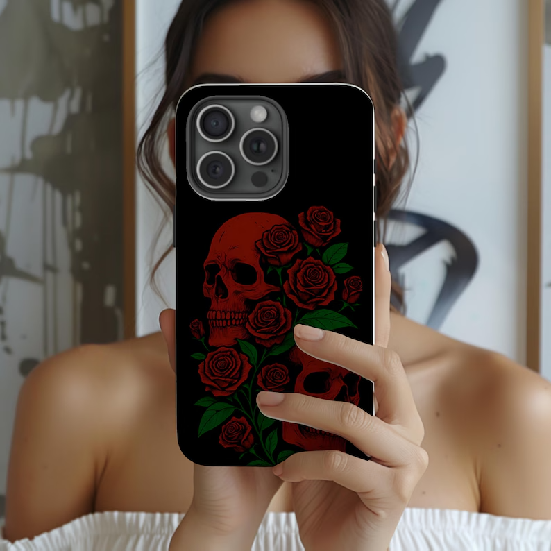 Skull and Roses Tough Phone Case - Gothic Floral Aesthetic, Dark Halloween Vibes, Compatible with iPhone, Galaxy, and Google Phones