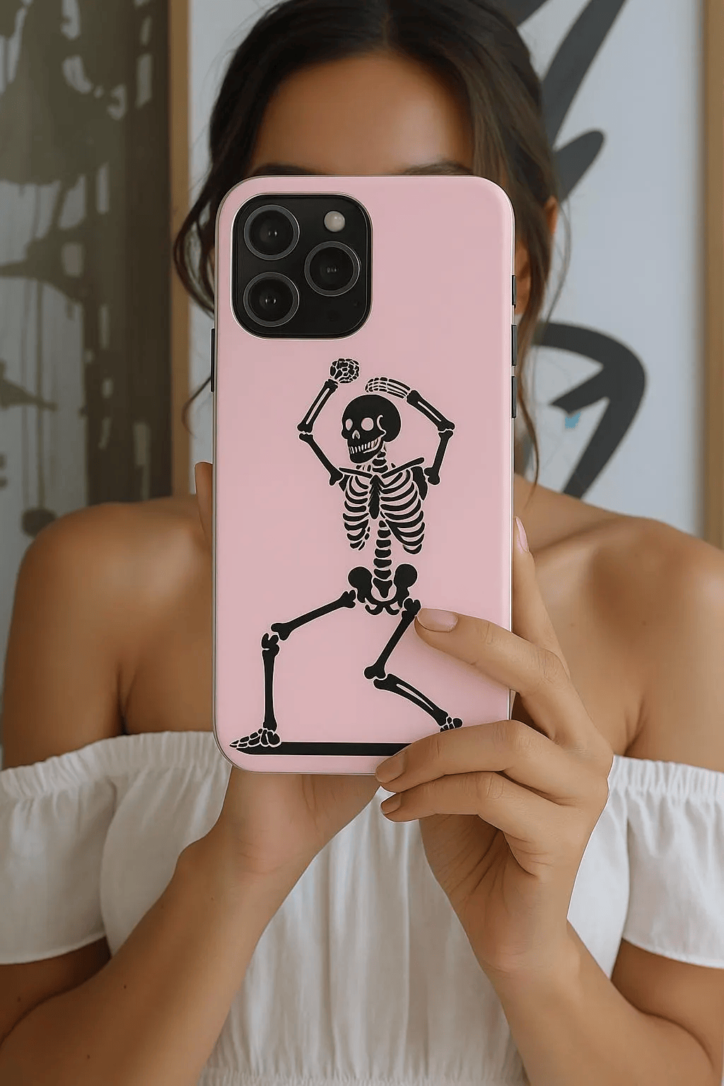 Dancing Skeleton Tough Phone Case - Coquette Halloween Aesthetic, Creepy Cute Pink Style, Compatible with iPhone, Galaxy, and Google Phones