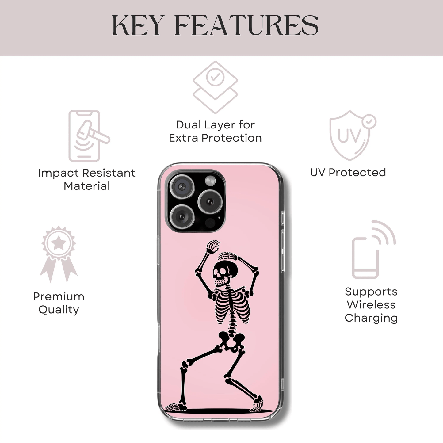 Dancing Skeleton Tough Phone Case - Coquette Halloween Aesthetic, Creepy Cute Pink Style, Compatible with iPhone, Galaxy, and Google Phones