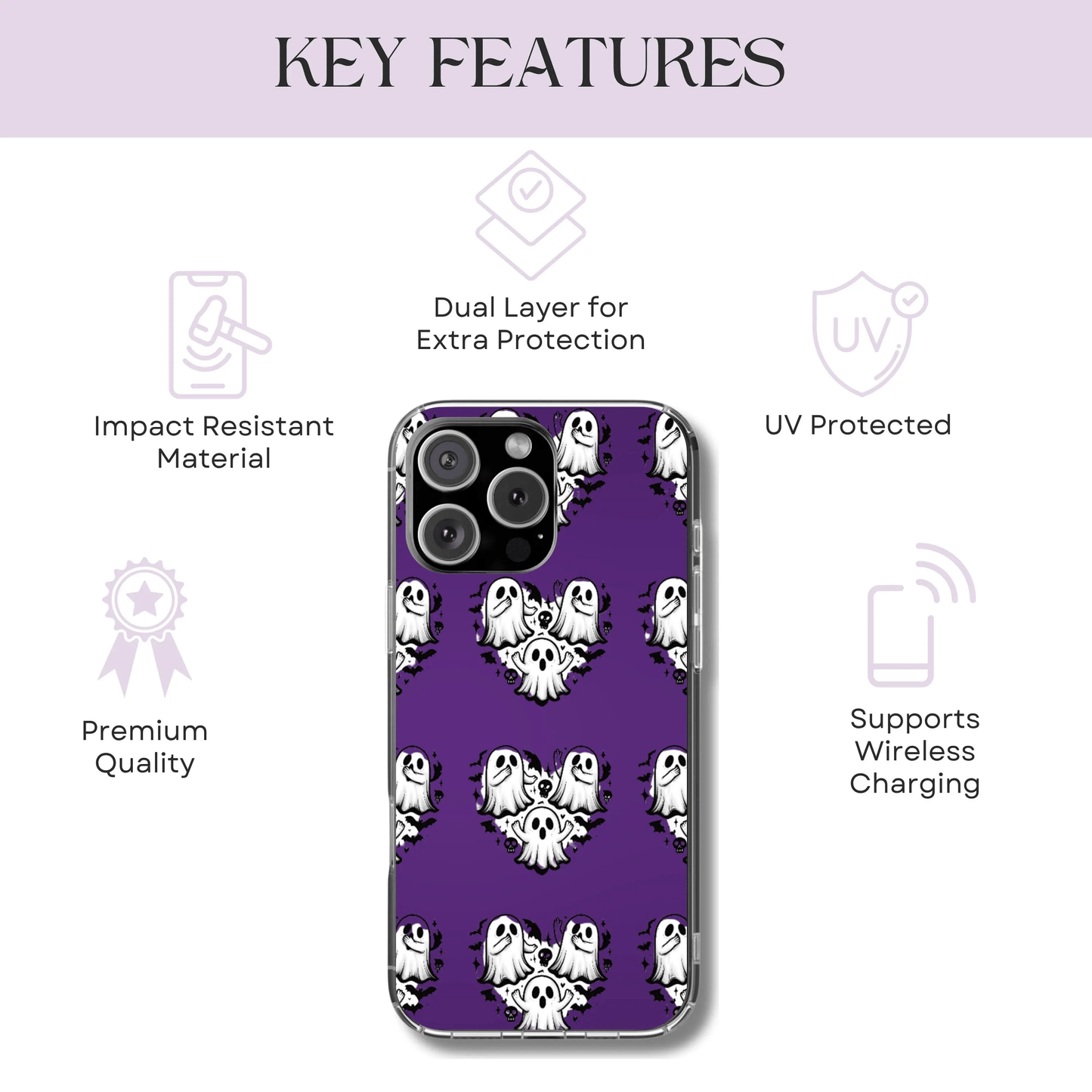 Cute Ghost Heart Tough Phone Case  - Creepy Cute Spooky Heart Print, Goth Coquette Aesthetic, Compatible with iPhone, Galaxy, Google iPhones