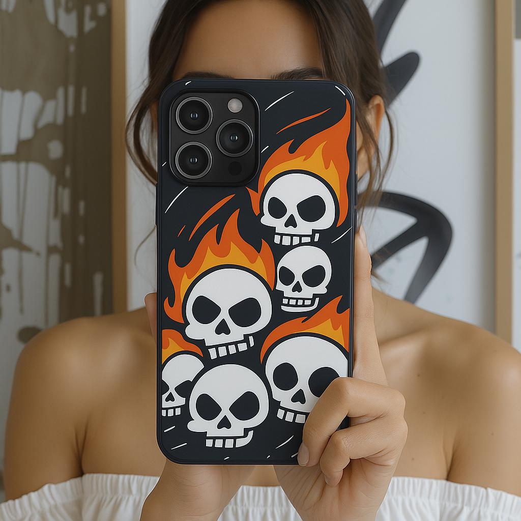 Flaming Skulls Tough Phone Case - Y2K Alt Halloween Aesthetic, Creepy Cute Cartoon Style, Compatible with iPhone, Galaxy, and Google Phones
