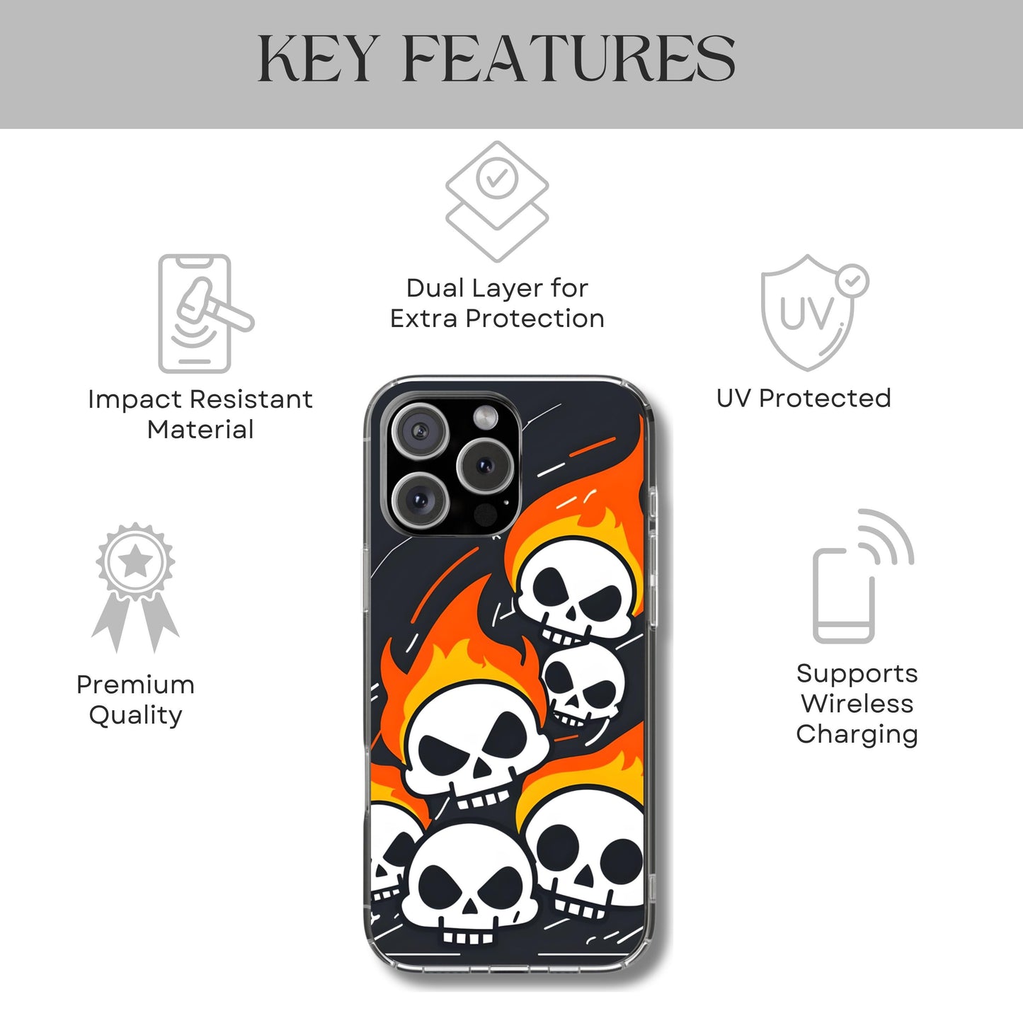 Flaming Skulls Tough Phone Case - Y2K Alt Halloween Aesthetic, Creepy Cute Cartoon Style, Compatible with iPhone, Galaxy, and Google Phones