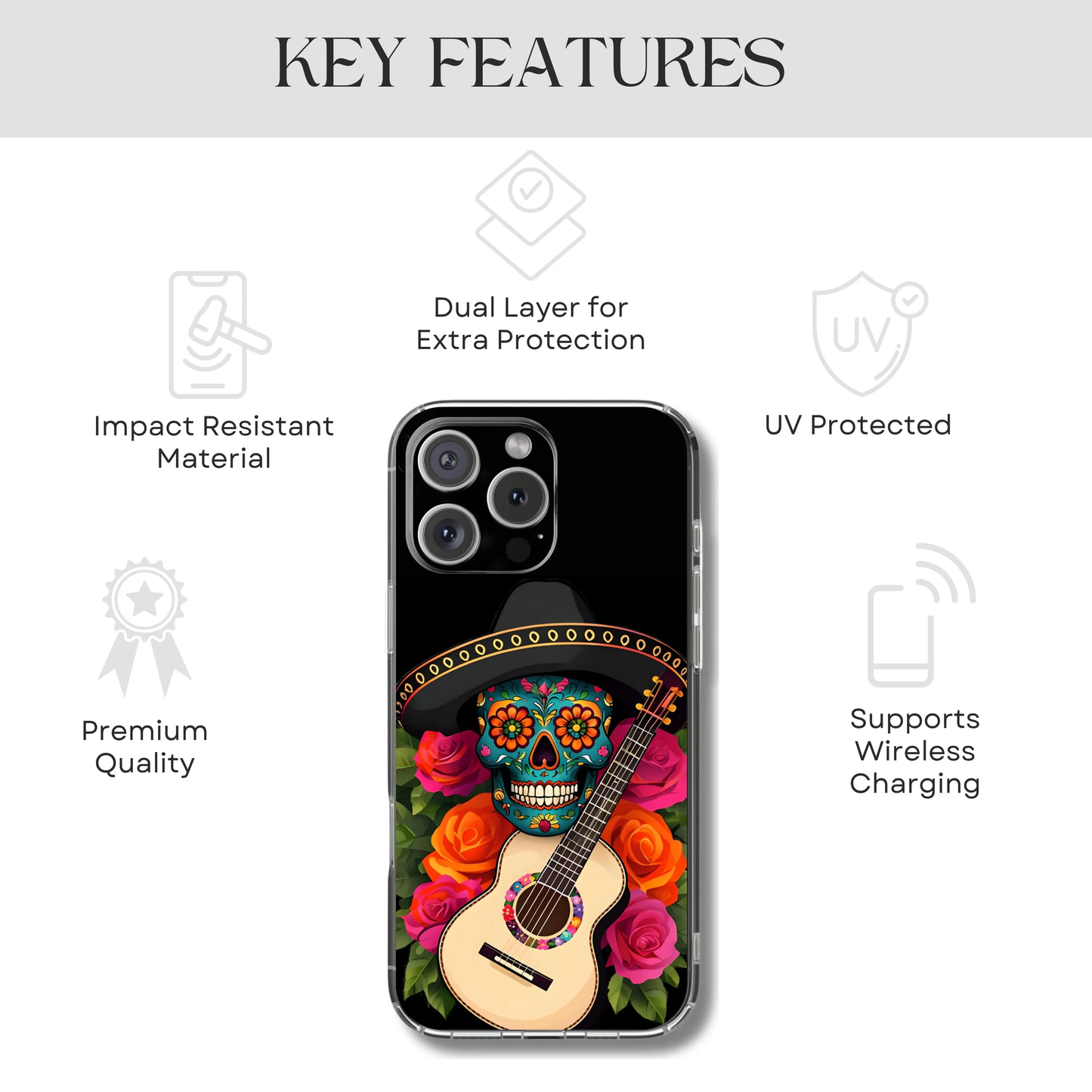 Mariachi Skull Tough Phone Case - Colorful Folk Aesthetic, Halloween Floral Skull Design, Compatible with iPhone, Galaxy, and Google Phones