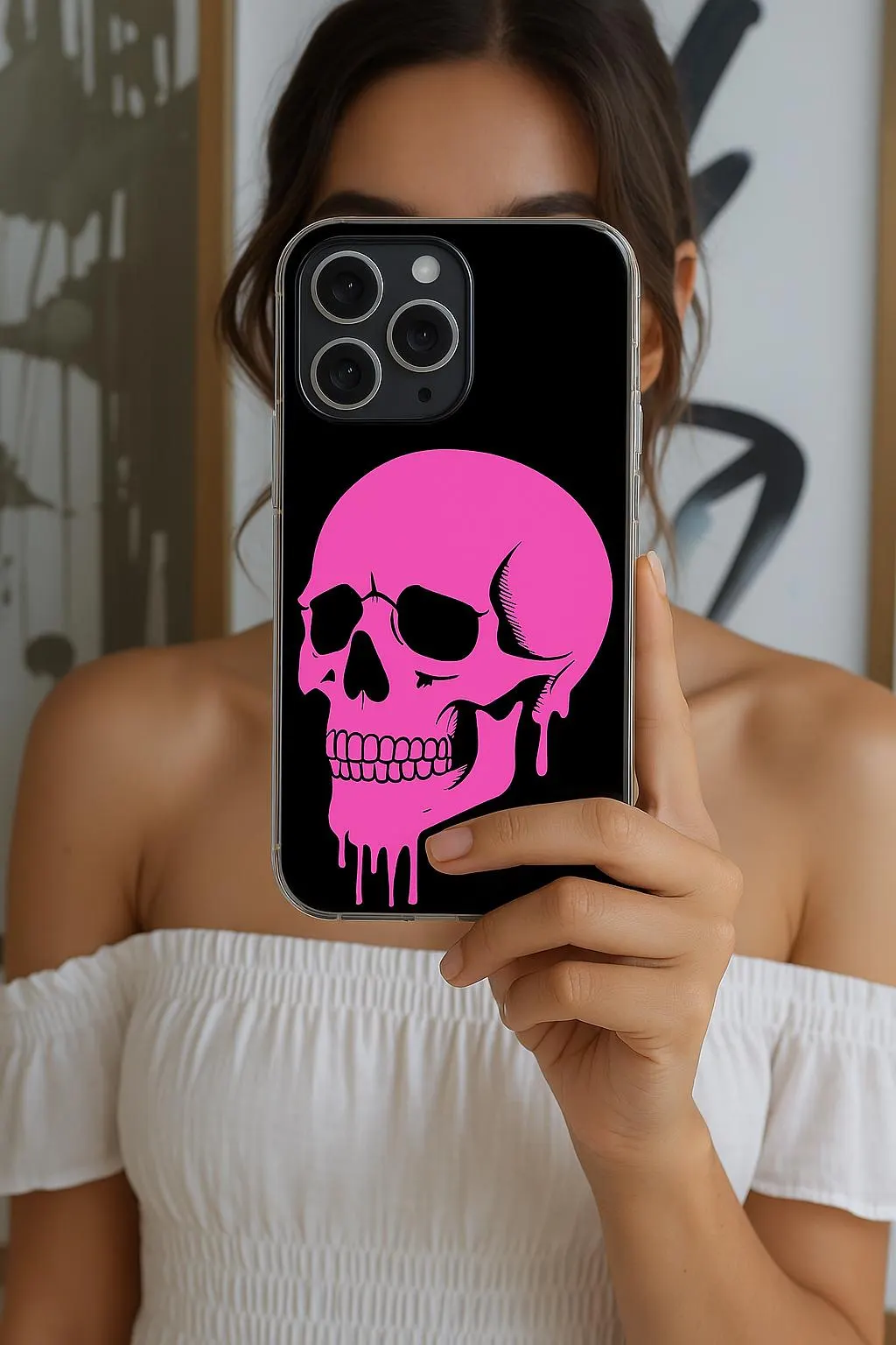 Dripping Skull Tough Phone Case - Hot Pink Spooky Design, Goth Coquette Aesthetic, Compatible with iPhone, Galaxy, and Google Phones