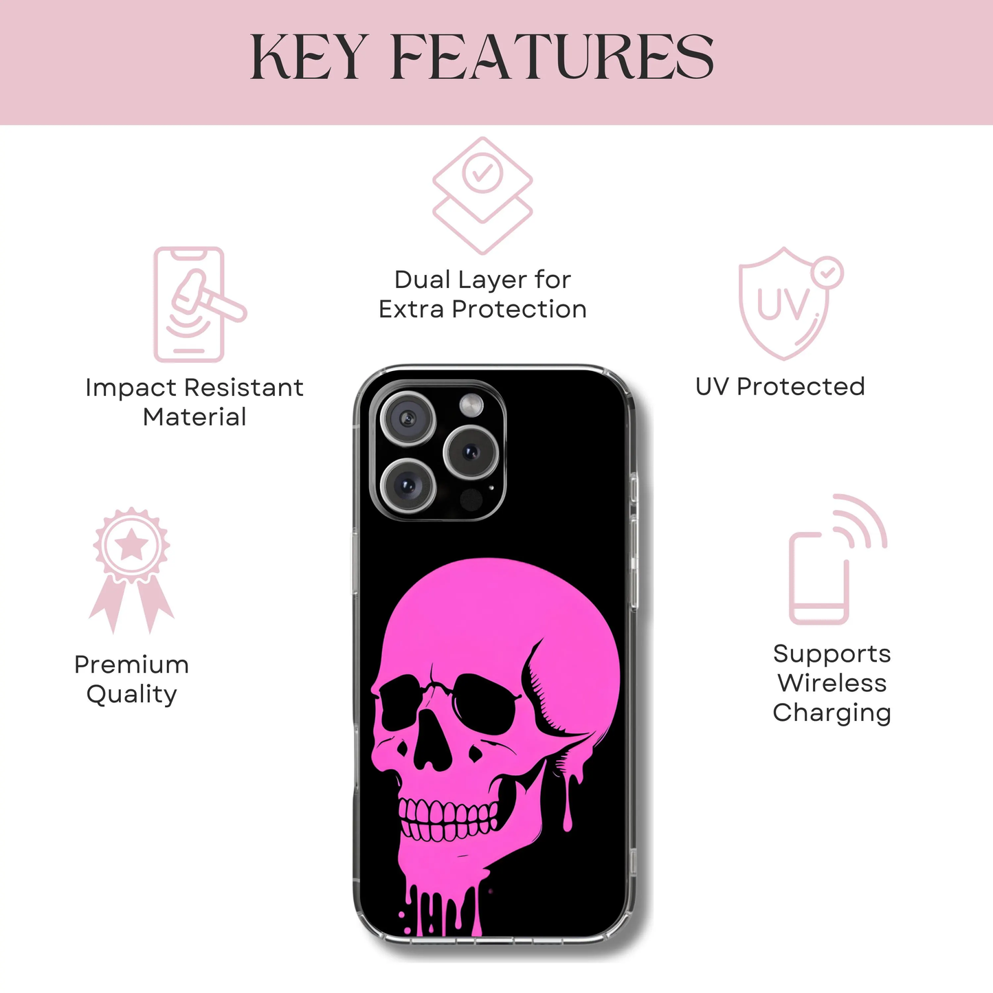 Dripping Skull Tough Phone Case - Hot Pink Spooky Design, Goth Coquette Aesthetic, Compatible with iPhone, Galaxy, and Google Phones