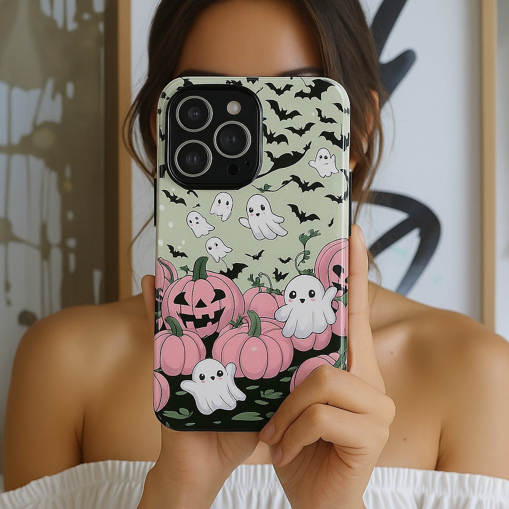 Soft Spooky Phone Case, Coquette Ghost Case, Pastel Halloween Aesthetic, Cute Pink Pumpkin Cover, Muted Color Halloween Gift