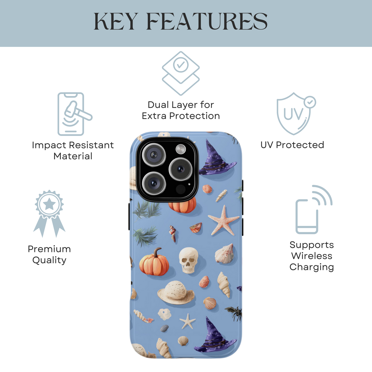 Summerween Halloween Phone Case, Spooky Summer Vibes Cover, Witch Hat Pumpkin Skull Seashell Starfish Beach Aesthetic iPhone Galaxy Pixel