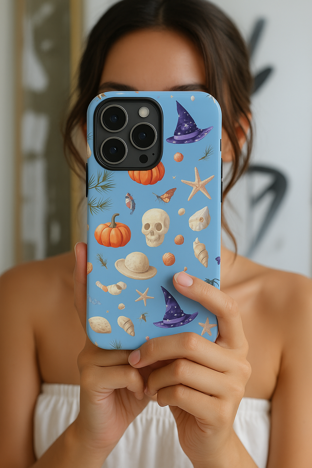 Summerween Halloween Phone Case, Spooky Summer Vibes Cover, Witch Hat Pumpkin Skull Seashell Starfish Beach Aesthetic iPhone Galaxy Pixel