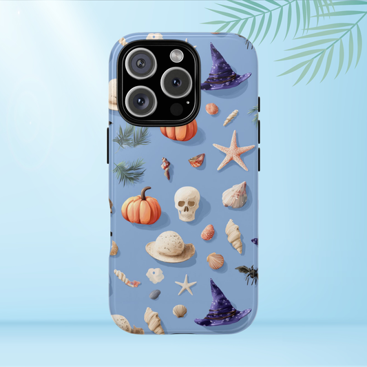 Summerween Halloween Phone Case, Spooky Summer Vibes Cover, Witch Hat Pumpkin Skull Seashell Starfish Beach Aesthetic iPhone Galaxy Pixel